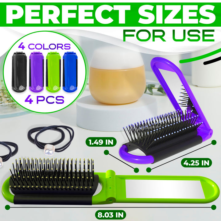 Pack of 4 Portable Folding Hair Brush with Mirror Compact Pocket Hair Compact Anti-static Hair Comb - Hair Styling Tools Pocket Size for Travel Car Gym Bag Purse-Black