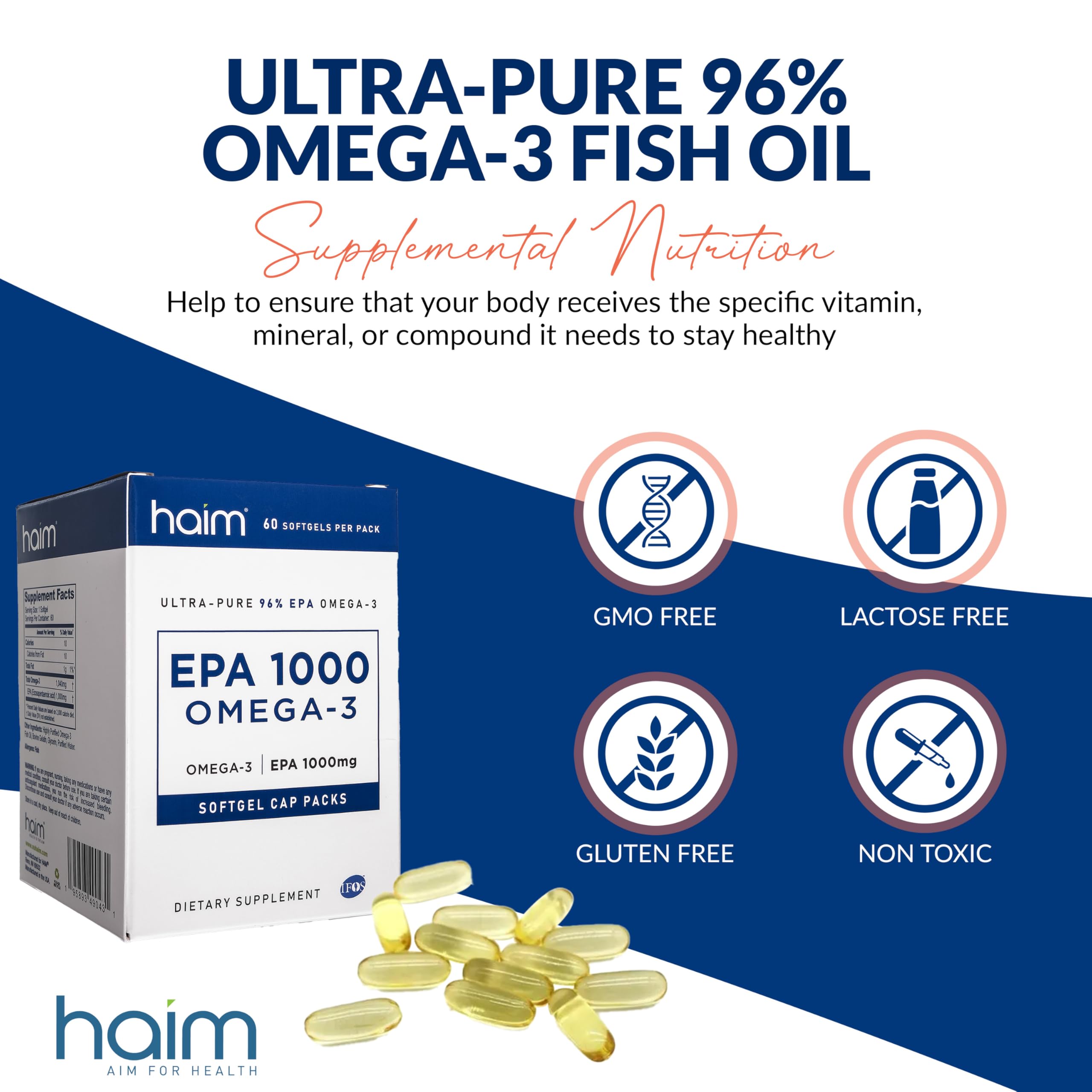 HAIM - EPA 1000mg, Ultra Pure 90%+ EPA Supplement, Heart Health, Joint Health, & Mood Support Supplement, Burpless Fish Oil, 60 EPA Softgels