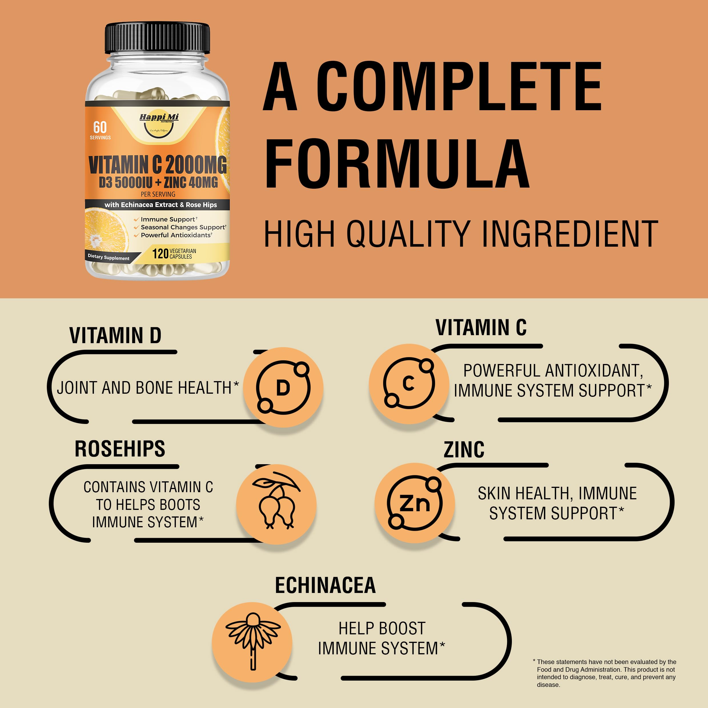 Happi Mi Nutrition Vitamin C 2000MG, Zinc 40 mg, Vitamin D3 5000 IU, Echinacea Extract, Rose Hip, Immune Support for Adults & Kids, Immune Booster,120 Vegan Caps, 60 Day Supply, Non GMO, No Filler
