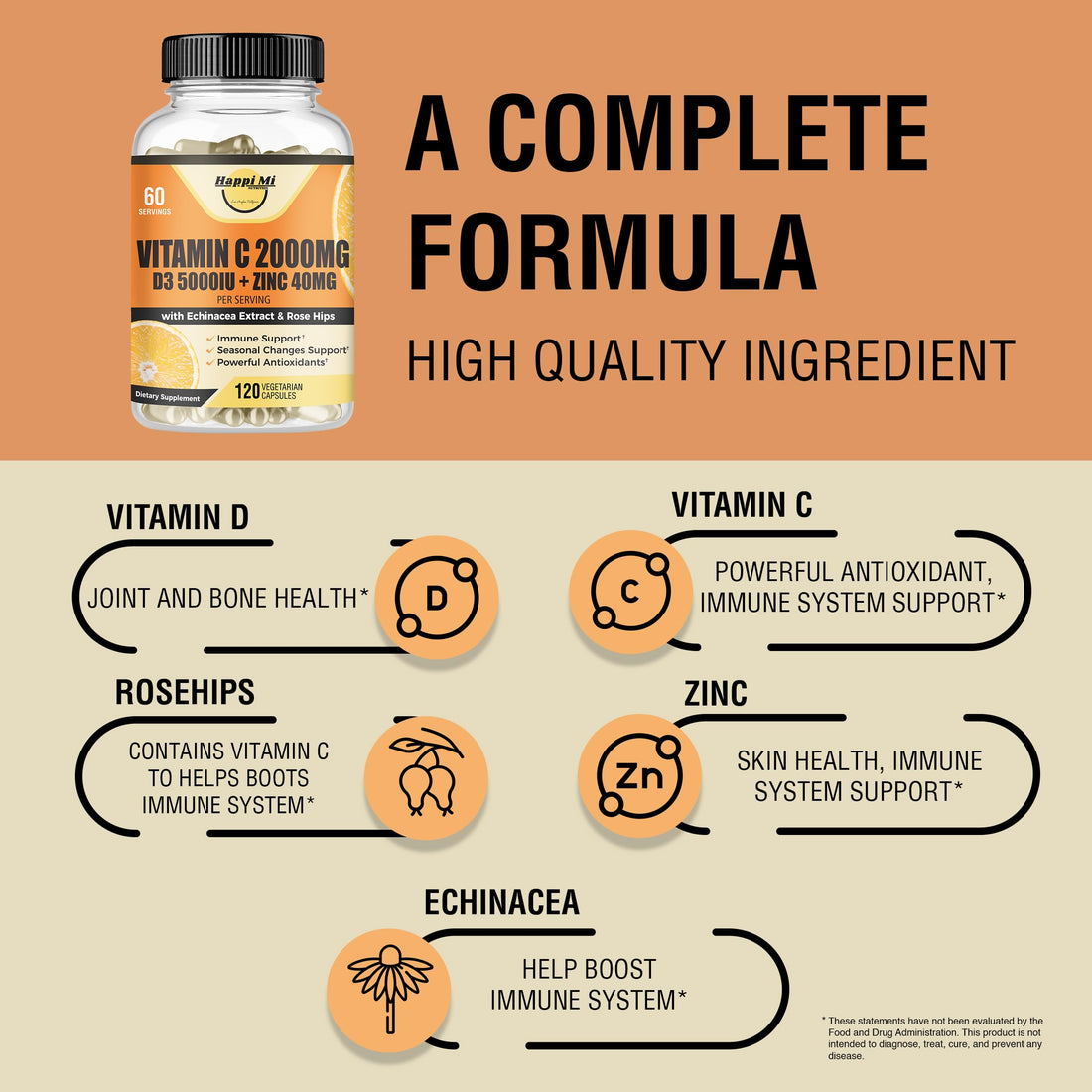 Happi Mi Nutrition Vitamin C 2000MG, Zinc 40 mg, Vitamin D3 5000 IU, Echinacea Extract, Rose Hip, Immune Support for Adults & Kids, Immune Booster,120 Vegan Caps, 60 Day Supply, Non GMO, No Filler