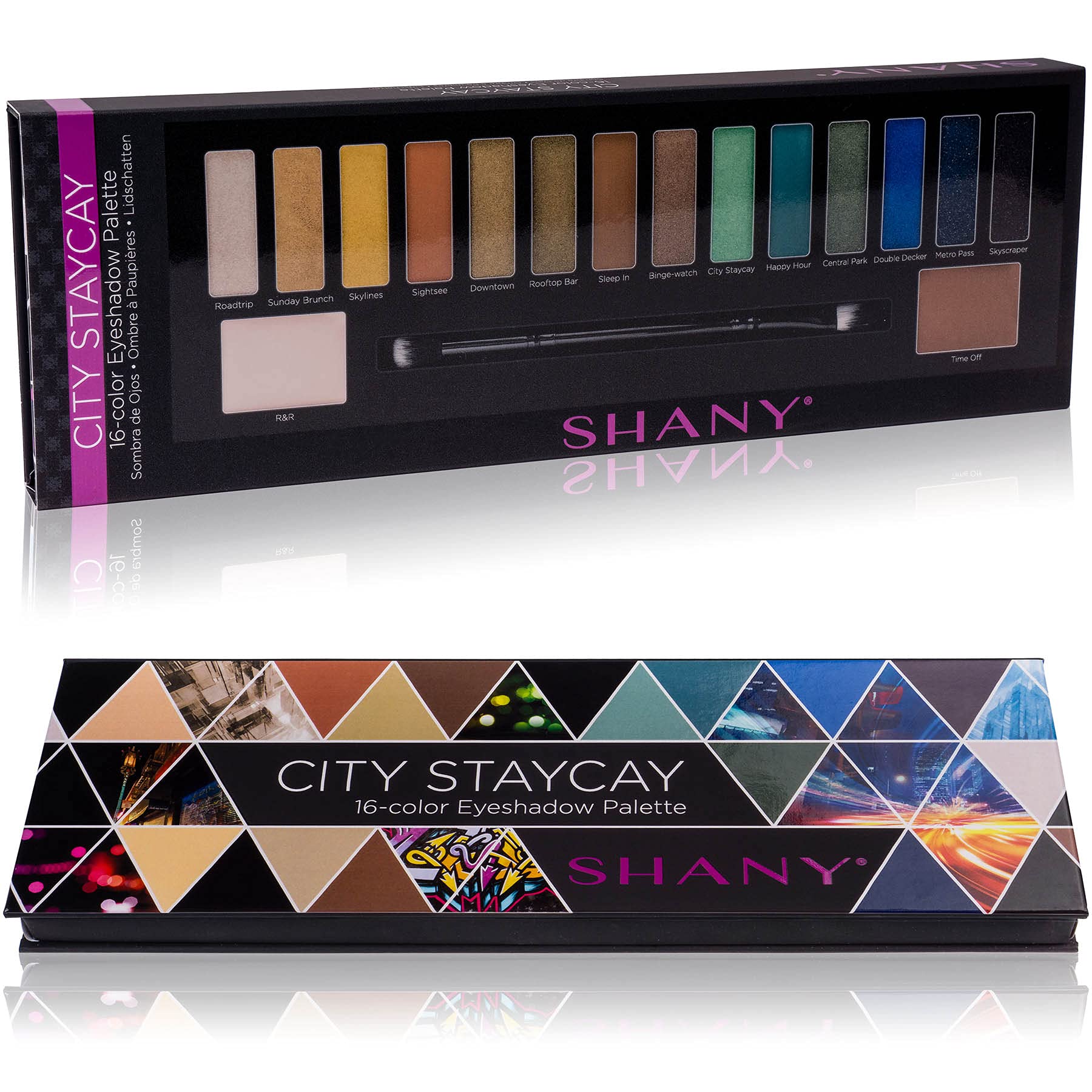 SHANY City Staycay 16-Color Eyeshadow Palette - 16 Highly-Pigmented and Long-Lasting Eye Makeup Shades with Dual-Sided Brush and Built-In Mirror (SH-0016-B)