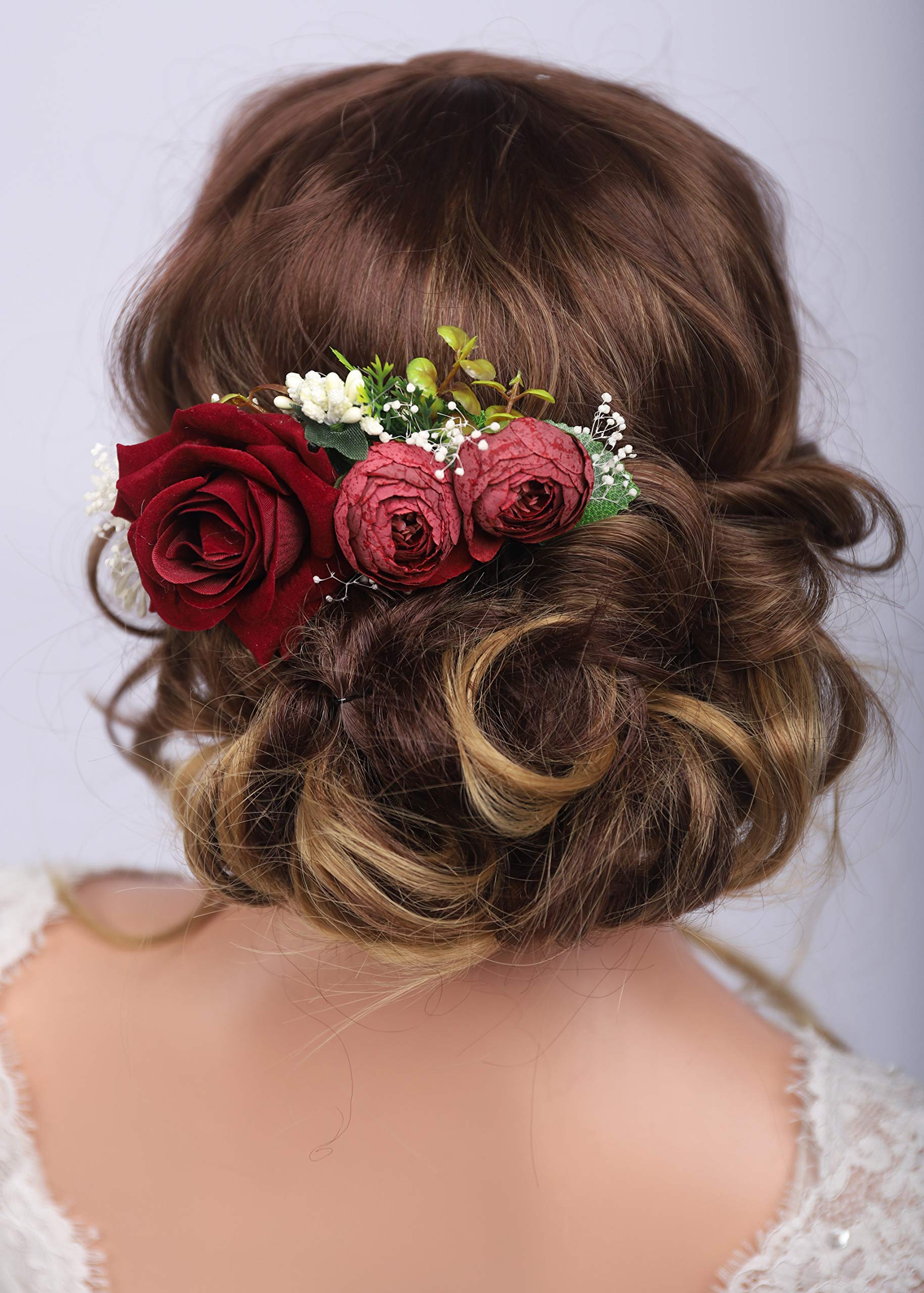 Kercisbeauty Red Rose Burgundy Hair Comb for Brides Wedding Bridal Vintage Headband Burgundy Floral Comb Festival Headpiece Women Girls Party