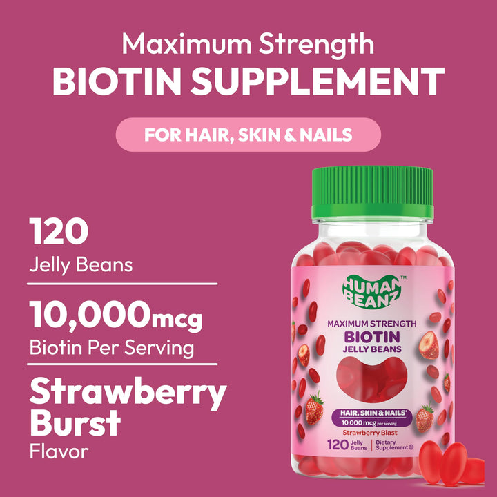 Human Beanz Biotin Jelly Bean Gummy Vitamins, Max Strength Biotin for Hair, Skin and Nails, 10000mcg per Serving, Hair Growth Vitamins for Men and Women, 120 Strawberry Blast Jelly Beans, Kosher