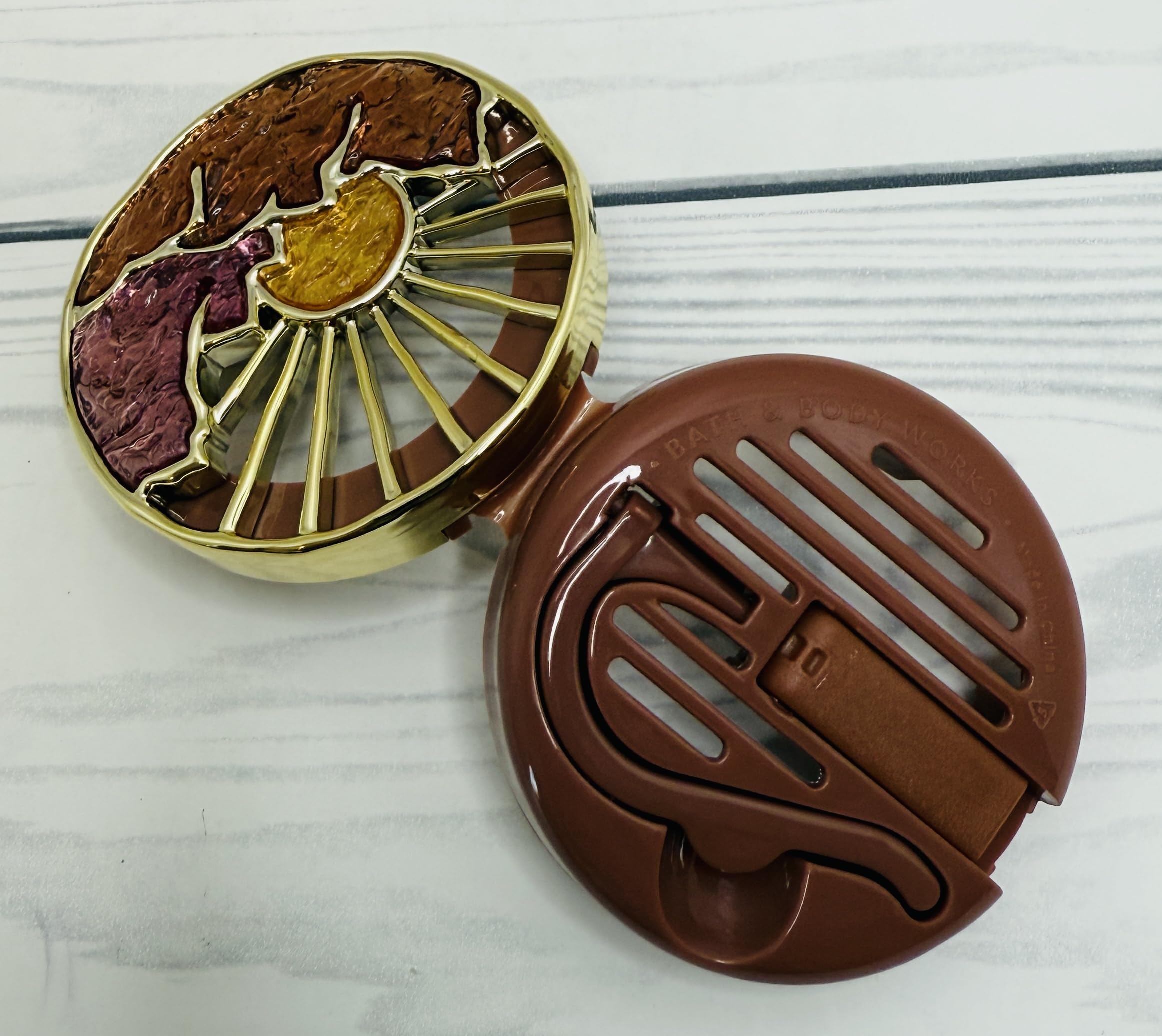 Bath and Body Works Yellow, Orange and Pink with Gold Mountain Sunrise Car Visor Fragrance Holder Easy To Open