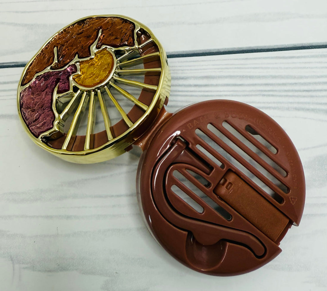 Bath and Body Works Yellow, Orange and Pink with Gold Mountain Sunrise Car Visor Fragrance Holder Easy To Open