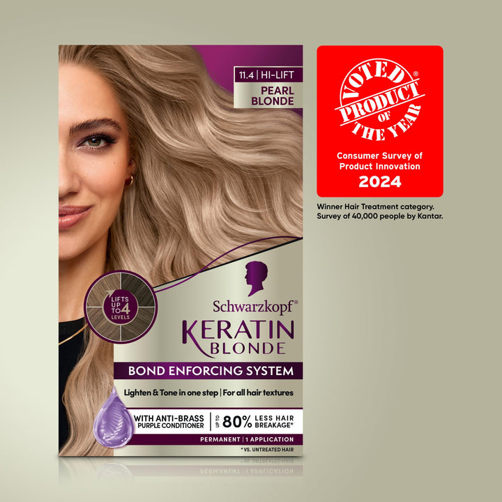 Schwarzkopf Keratin Blonde Hair Dye Pearl Blonde 11.4, Hi-Lift Permanent Color, 1 Application - Hair Color Enriched with Keratin, Lightens up to 4 Levels and Protects Hair from Breakage*