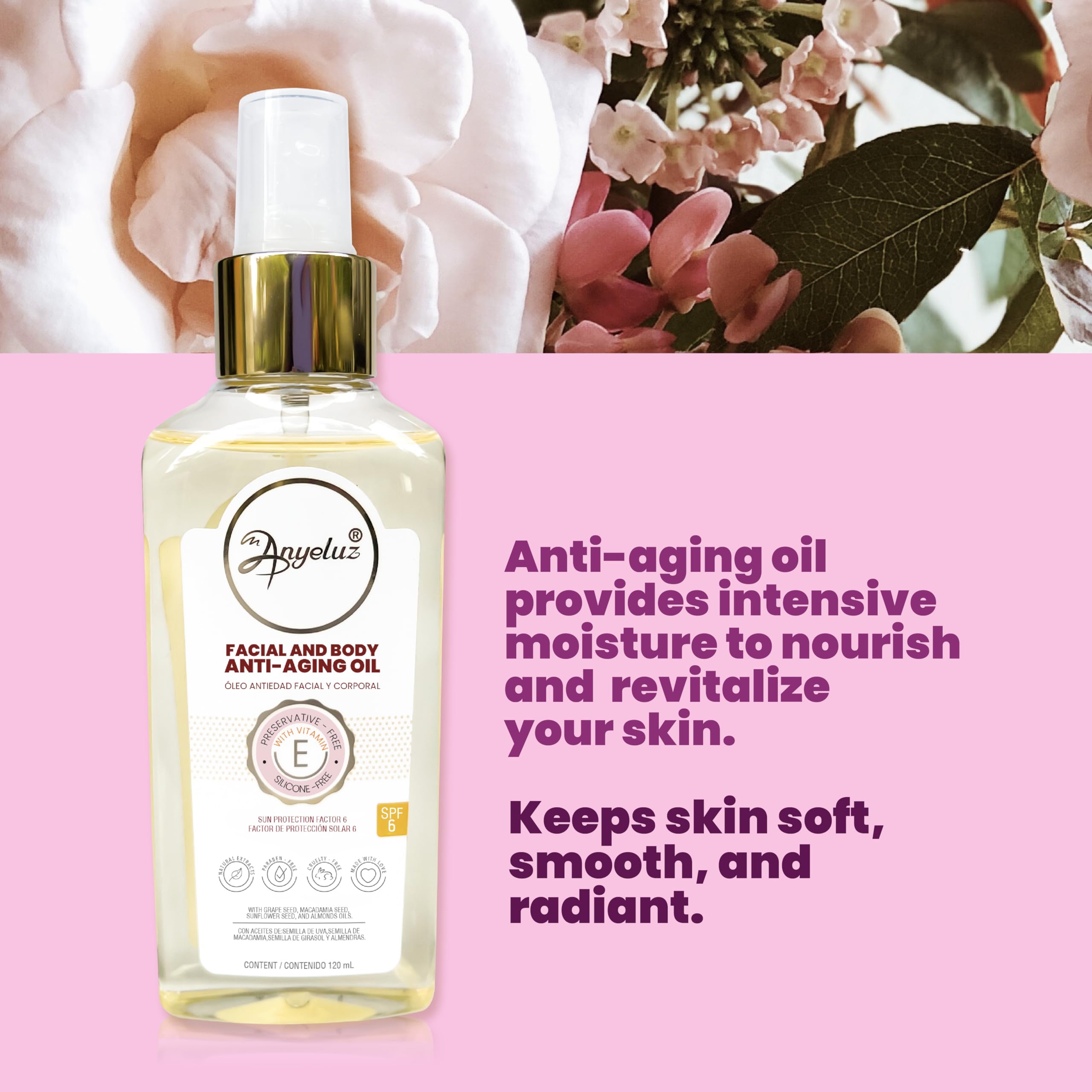 Anyeluz Anti-Aging Skin Oil, Dry Skin Moisturizer, Prevents Premature Aging, Expression Lines, and Stretch Marks, Paraben Free