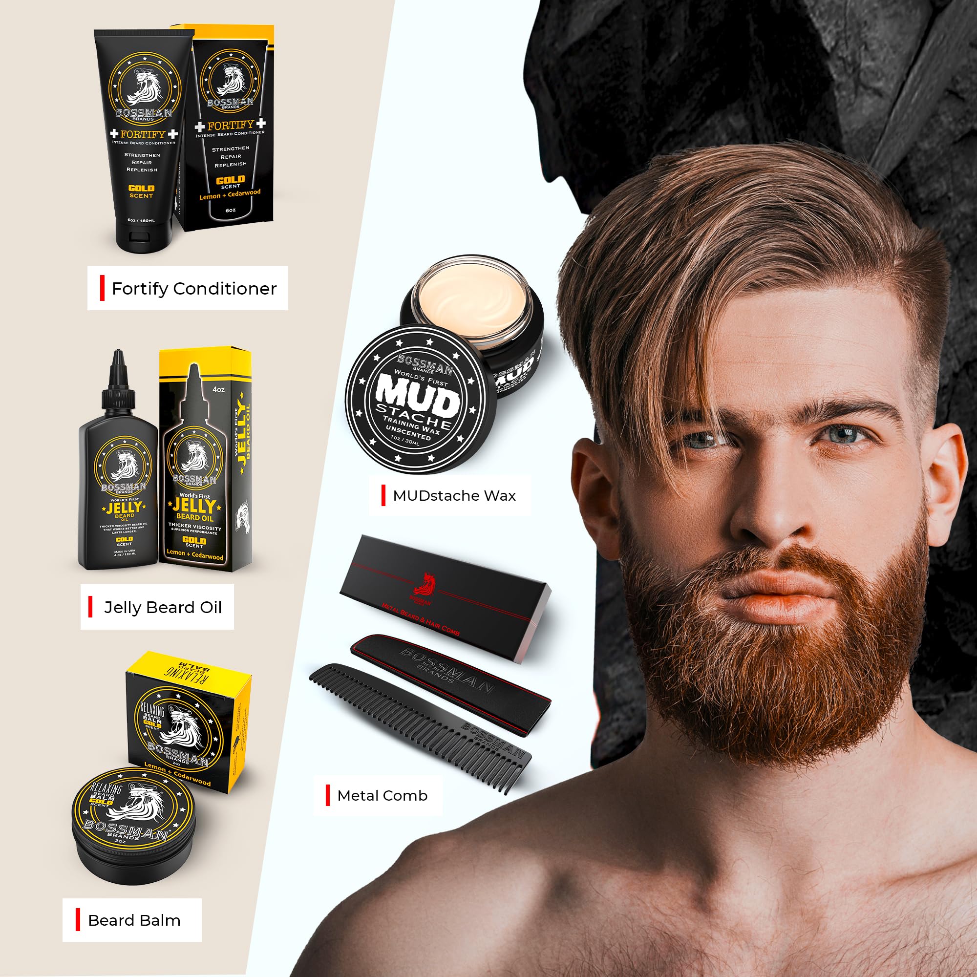 Complete Facial Hair Care Kit - Gold Scent - Jelly Beard Oil, Relax Beard Balm, Fortify Intense Beard Conditioner, Mudstache Mustache Wax and Metal Beard & Mustache Comb included by Bossman Brands