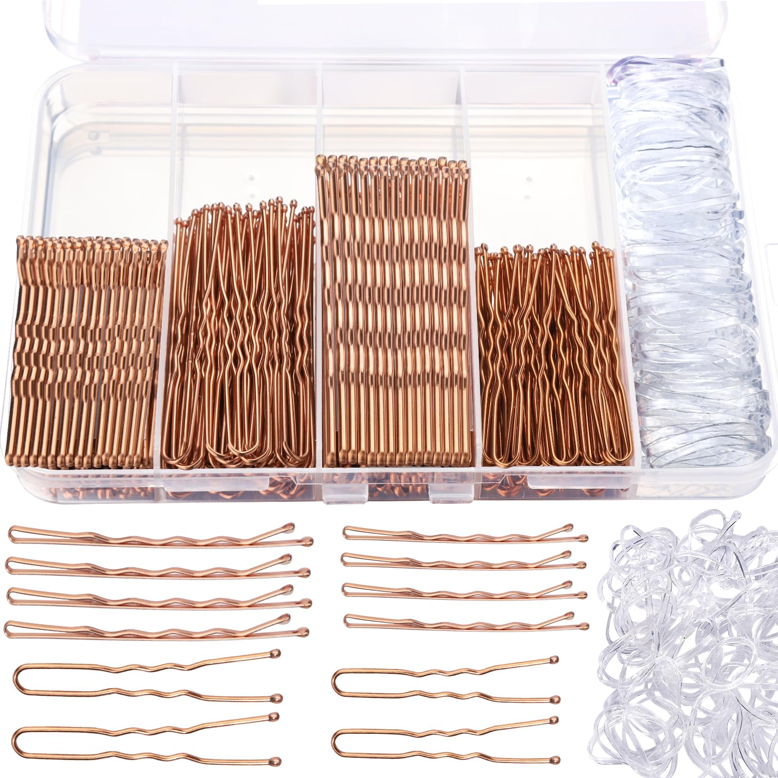 Teenitor 300pcs Bobby Pins Rose Gold Hair, 100 Bobby Pins 100 Hair Pins for Women 100 Hair Bands Kit, Hair Pins for Buns 2 2.36 2.75 Rose Gold