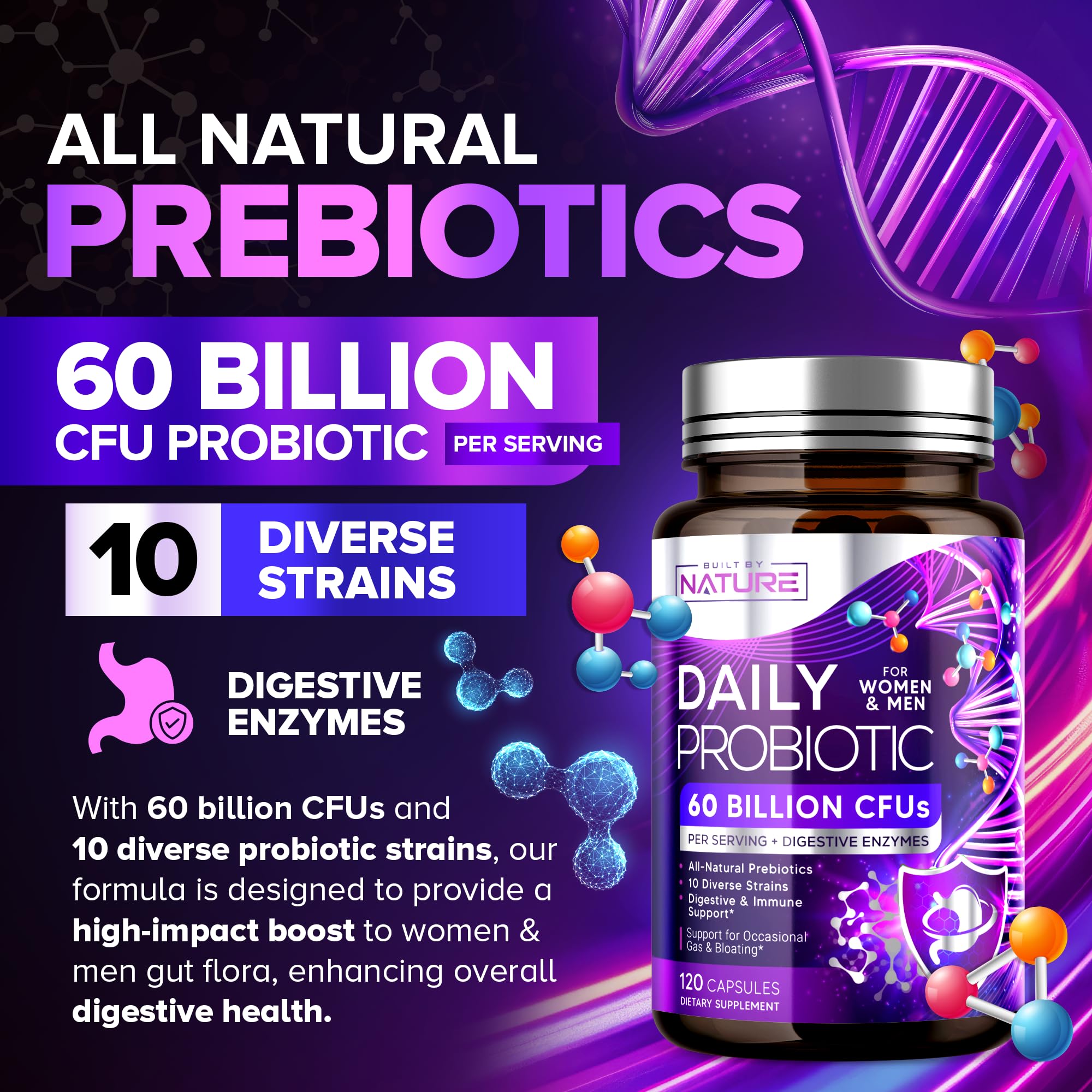 Built by Nature Probiotic for Women & Men – 60 Billion CFU, 10 Strains + Prebiotics & Digestive Enzymes – Supports Digestive, Immune, Reduce Gas & Bloating – Shelf Stable, Non-GMO - 120 Capsules