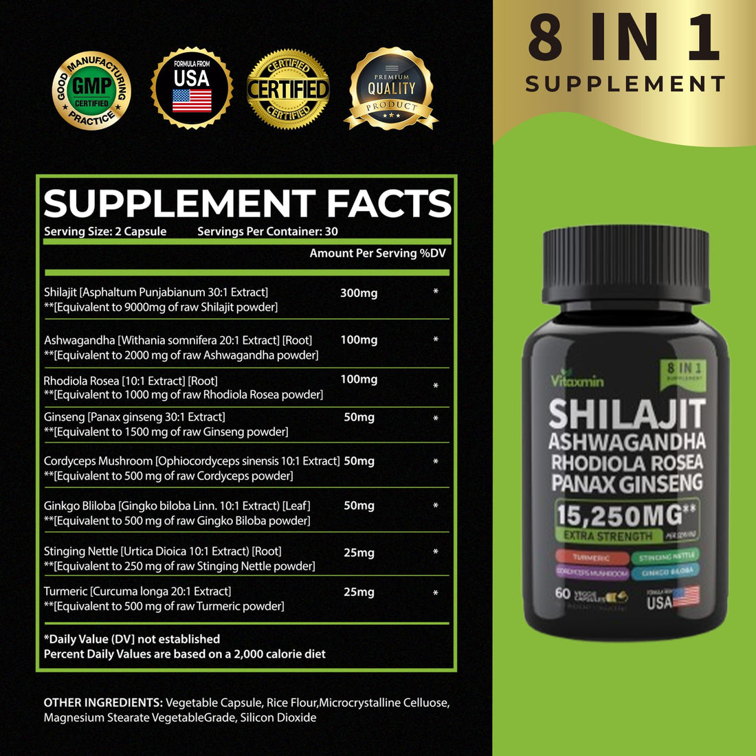 Shilajit and Ashwagandha Capsules, 8-in-1 Herbal Multivitamin for Men and Women, with Rhodiola Rosea, Ginseng, and Stinging Nettle, Shilajit for Men