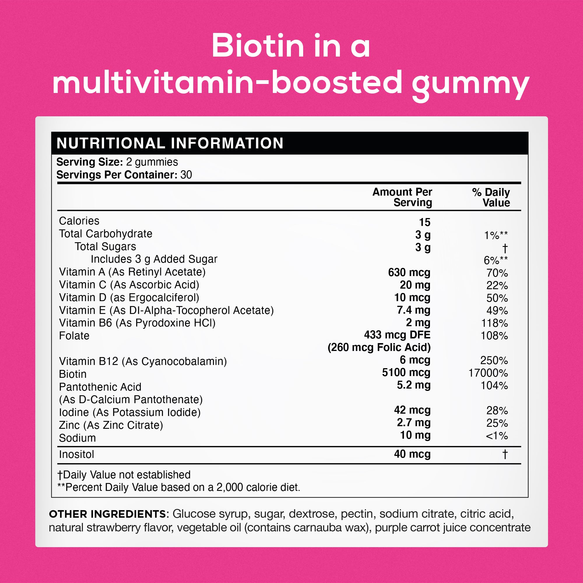 Biotin Gummies for Hair Growth 5100 mcg - Hair, Skin, and Nails Vitamins for Men & Women - with Folic Acid, Vitamins A, C, E & D and Extra Strength for Faster Hair and Nail Growth, 60 Gummies