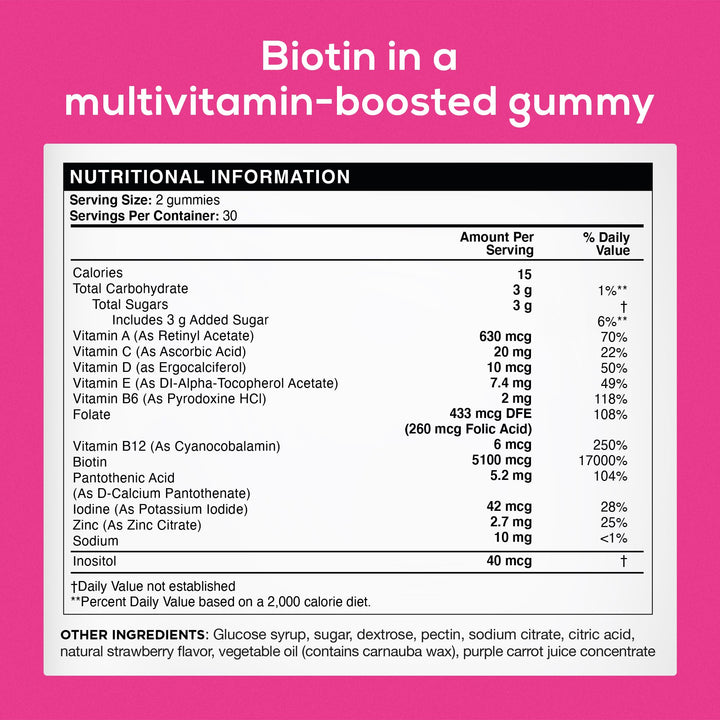 Biotin Gummies for Hair Growth 5100 mcg - Hair, Skin, and Nails Vitamins for Men & Women - with Folic Acid, Vitamins A, C, E & D and Extra Strength for Faster Hair and Nail Growth, 60 Gummies