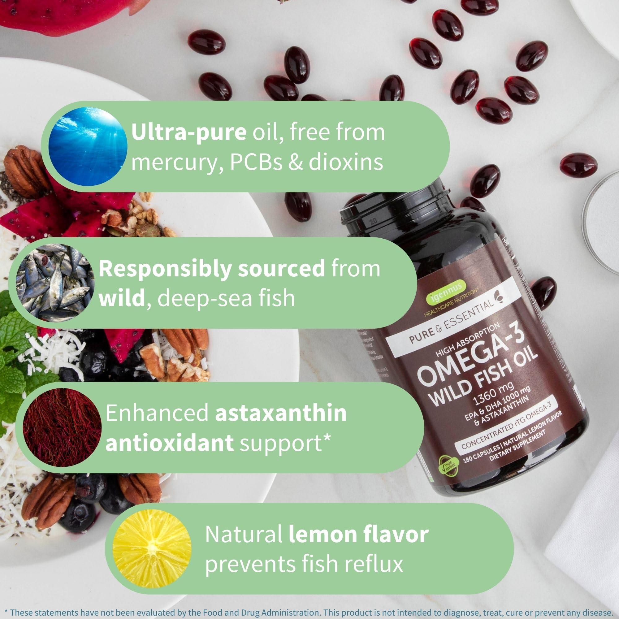 Igennus Advanced Triglyceride Omega 3 Wild Fish Oil rTG EPA DHA 1000mg, Ultra Pure Non-GMO Fatty Acids with Astaxanthin, Free from Environmental Toxins, 180 Softgels