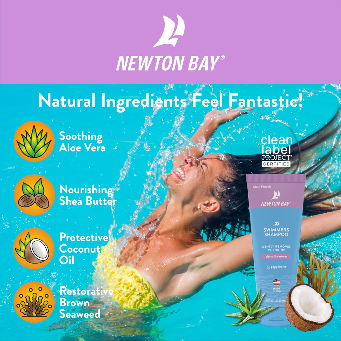 Newton Bay Swimmers Shampoo | Chlorine Removal Shampoo Cleans and Restores Hair after Swimming | Clean Label Project Certified | 8 oz. tube