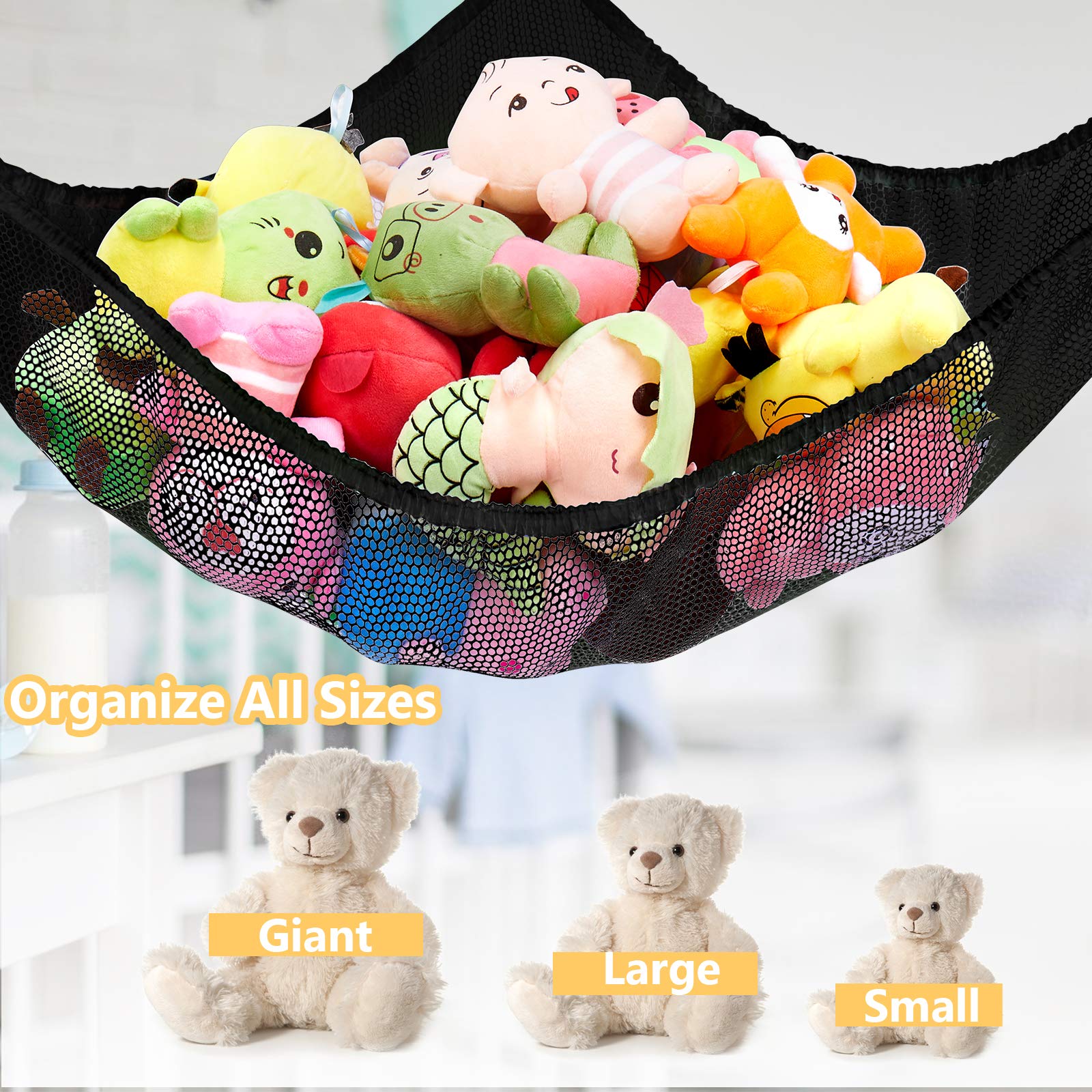 KOHUIJOO Stuffed Animal Net or Hammock, Stuffed Animal Net, Jumbo Toy Net Hammock for Stuffed Animals Wall Sling Corner Extra Large Kids Children Mesh Toy Net Organizer (Black 2 Pack, 83 Inch)