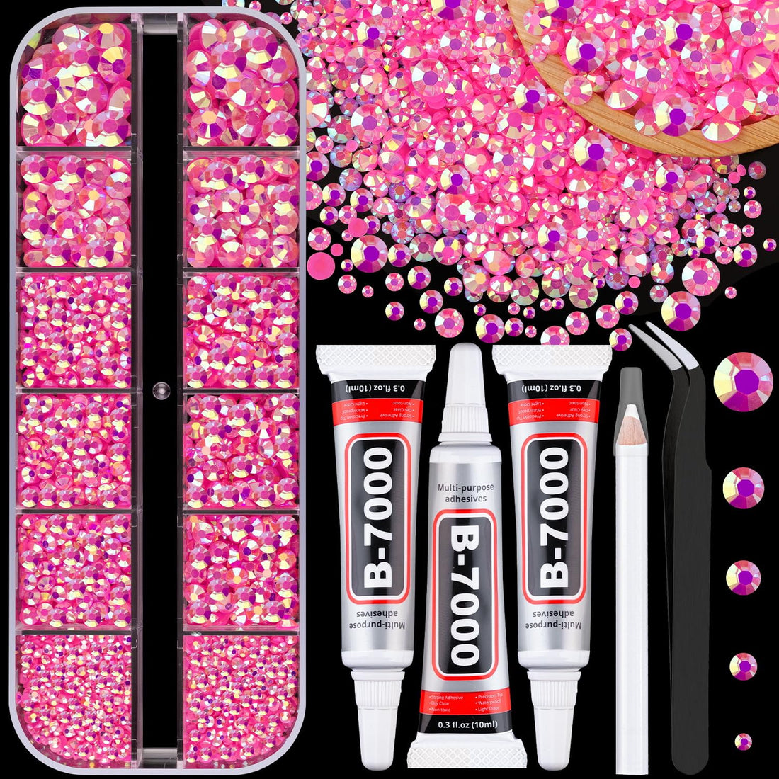 Resin Jelly Rhinestones for Crafting with B7000 Jewelry Glue, 1 Box Hot Pink AB FlatBack Crystal with 3Pcs 10ml Glue, Bedazzling Non Hotfix Gems for DIY Tumblers Clothing Shoes Manicure