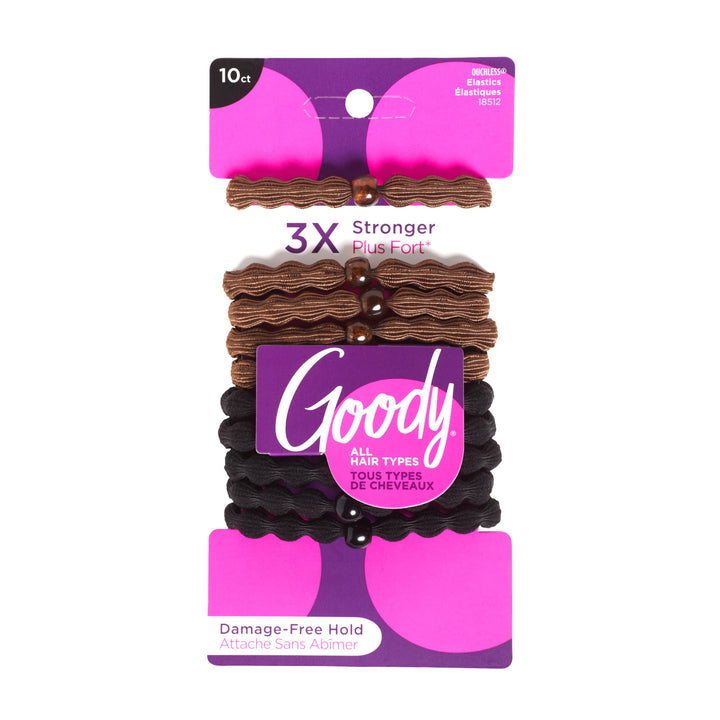 Goody Ouchless Forever Hair Elastics, 10 Ct, Brown & Black, 6MM, Damage-Free, 3X Stronger Ties, Retainable Shape, 16 Strand Inner Core, Styling Accessories for Women & Men, All Hair Types
