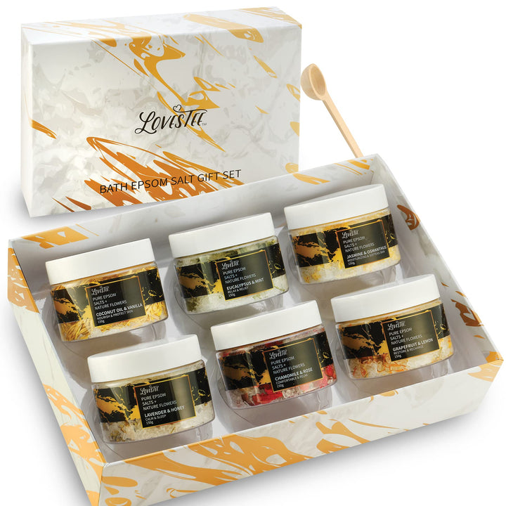 Mother's Day Epsom Salt Spa Gift Set of 6 Bath Salts - Coconut Vanilla, Jasmine Osmanthus, Eucalyptus Mint, Lavender Honey, Chamomile Rose, Grapefruit Lemon for Bath Gift Set for Women Baskets