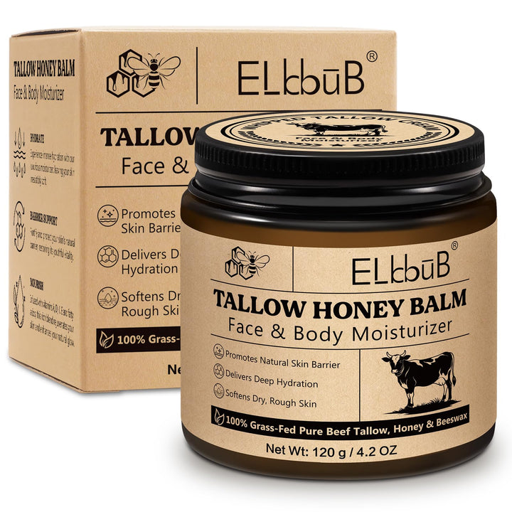 ELBBUB Whipped Tallow Cream for Face & Body - 100% Grass-Fed Beef Tallow, Natural Honey & Beeswax Moisturizer, Deep Hydration & Nourishment, Oil-Free & Unscented, Fast Absorbing
