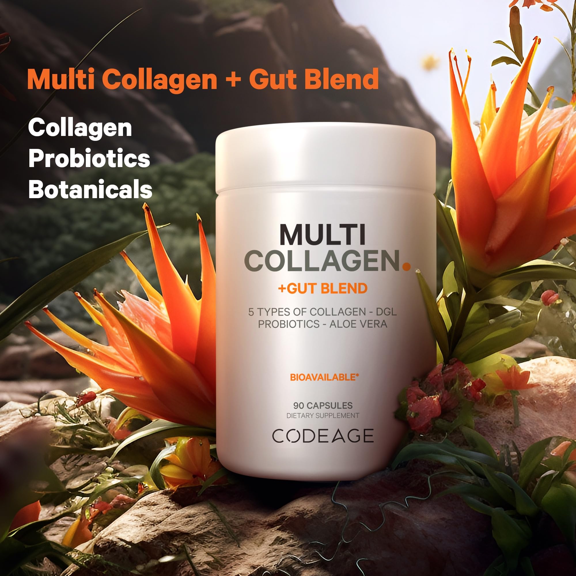 Codeage Multi Collagen + Gut Blend Supplement - Digestive Probiotics, DGL Licorice, Aloe Vera, Organic Peppermint Leaf, Slippery Elm - Hydrolyzed Bovine Collagen Pills - Non-GMO - 90 Capsules