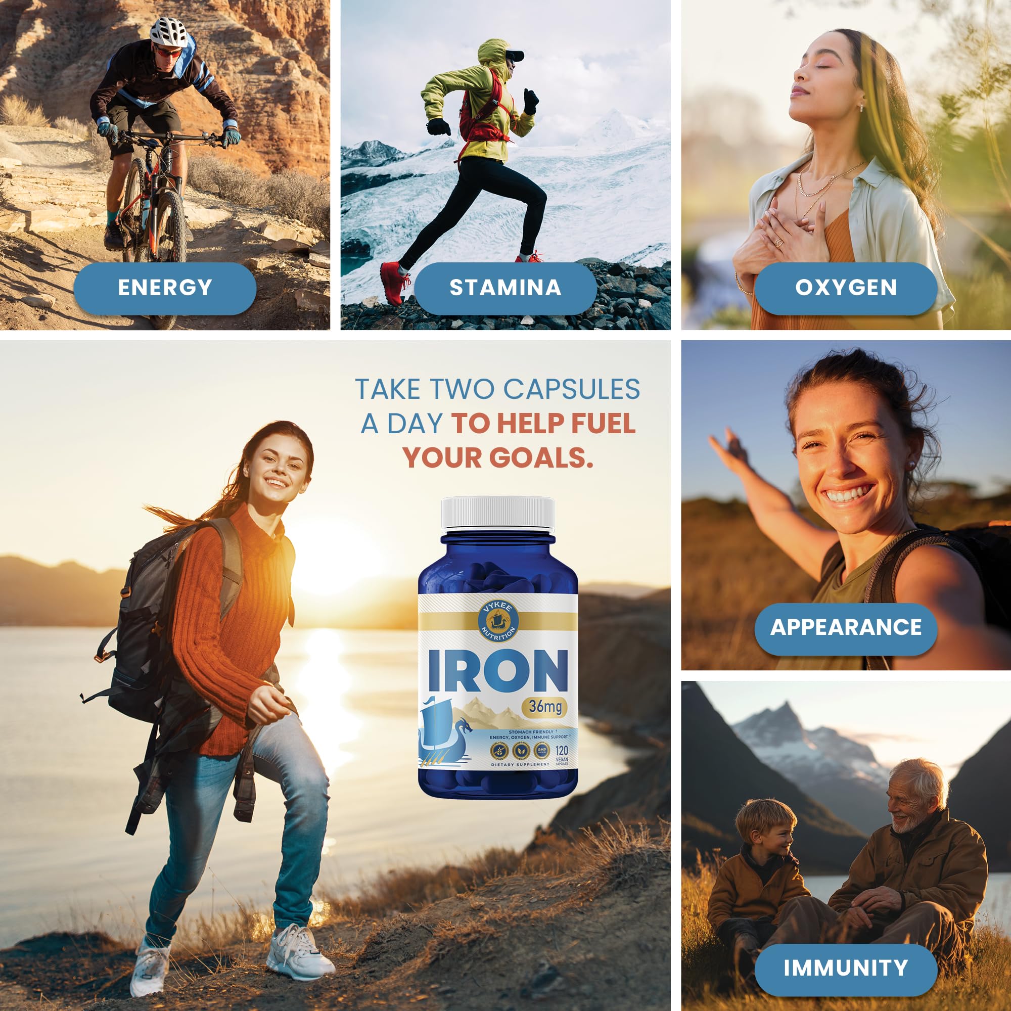 Vykee Nutrition Iron Supplement – 36mg Iron (as Bisglycinate) | High Absorption, Gentle On Stomachs | Vegan, Non-GMO | Supports Energy, Immune Health & Red Blood Cell Formation | 120 Capsules