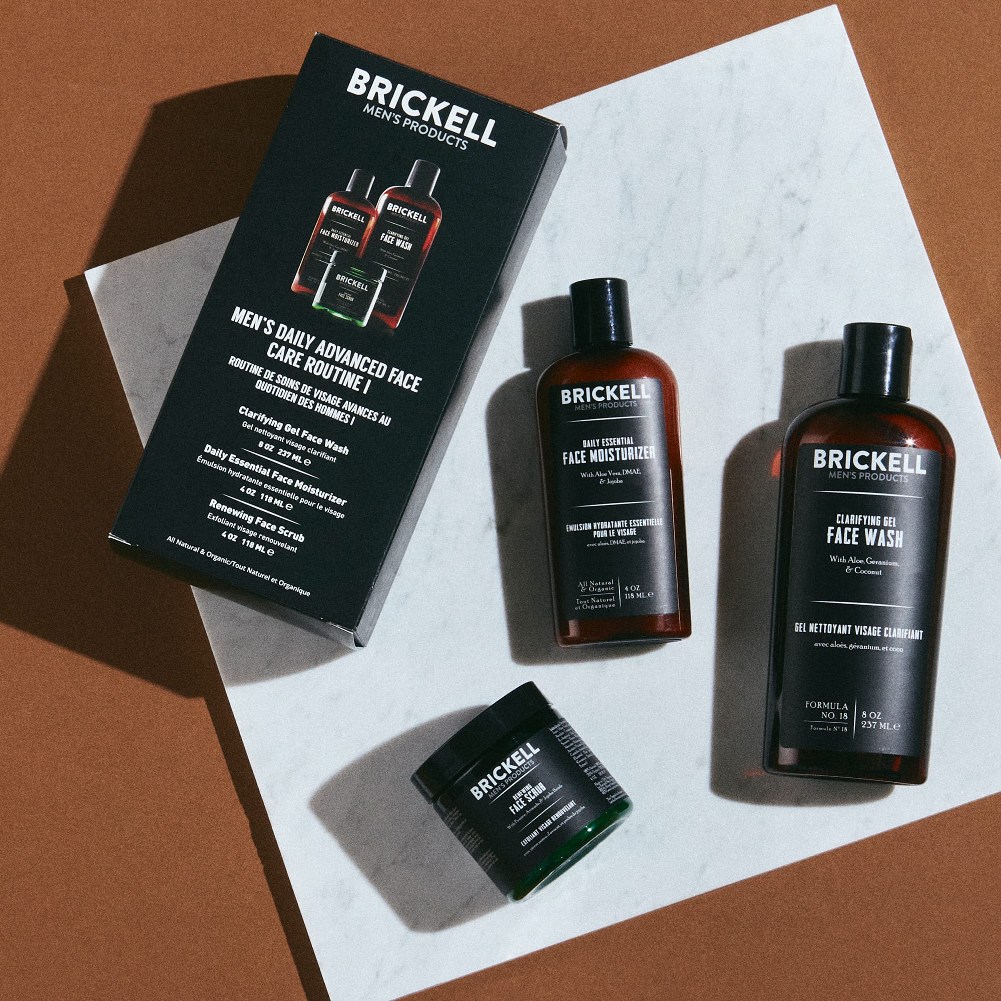 Brickell Men& Daily Advanced Face Care Routine I - Gel Facial Cleanser Wash + Face Scrub + Face Moisturizer Lotion - Natural Organic