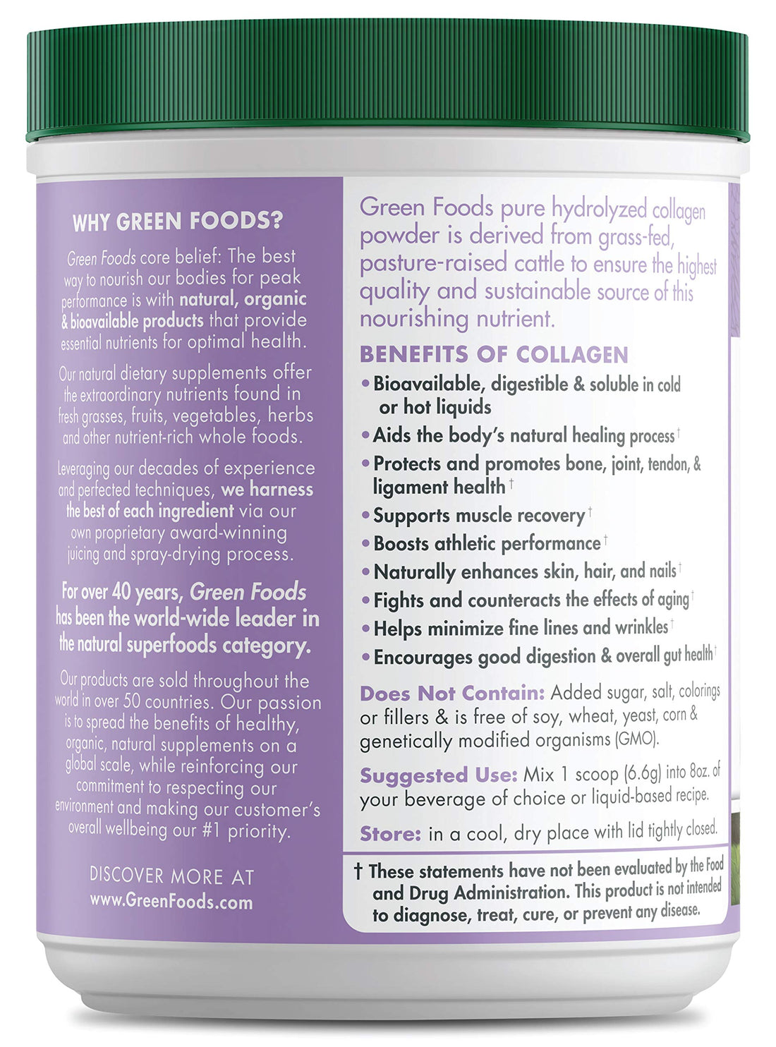 Green Foods Grass Fed Pasture Raised Hydrolyzed Collagen Peptides Protein Powder 7oz - 30 servings