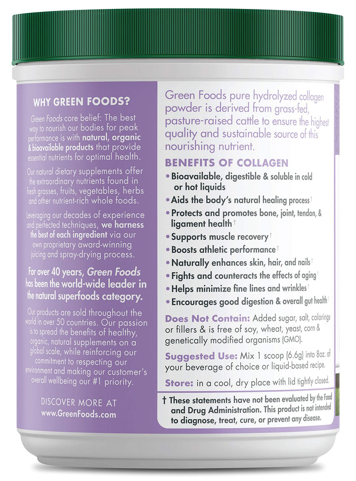Green Foods Grass Fed Pasture Raised Hydrolyzed Collagen Peptides Protein Powder 7oz - 30 servings