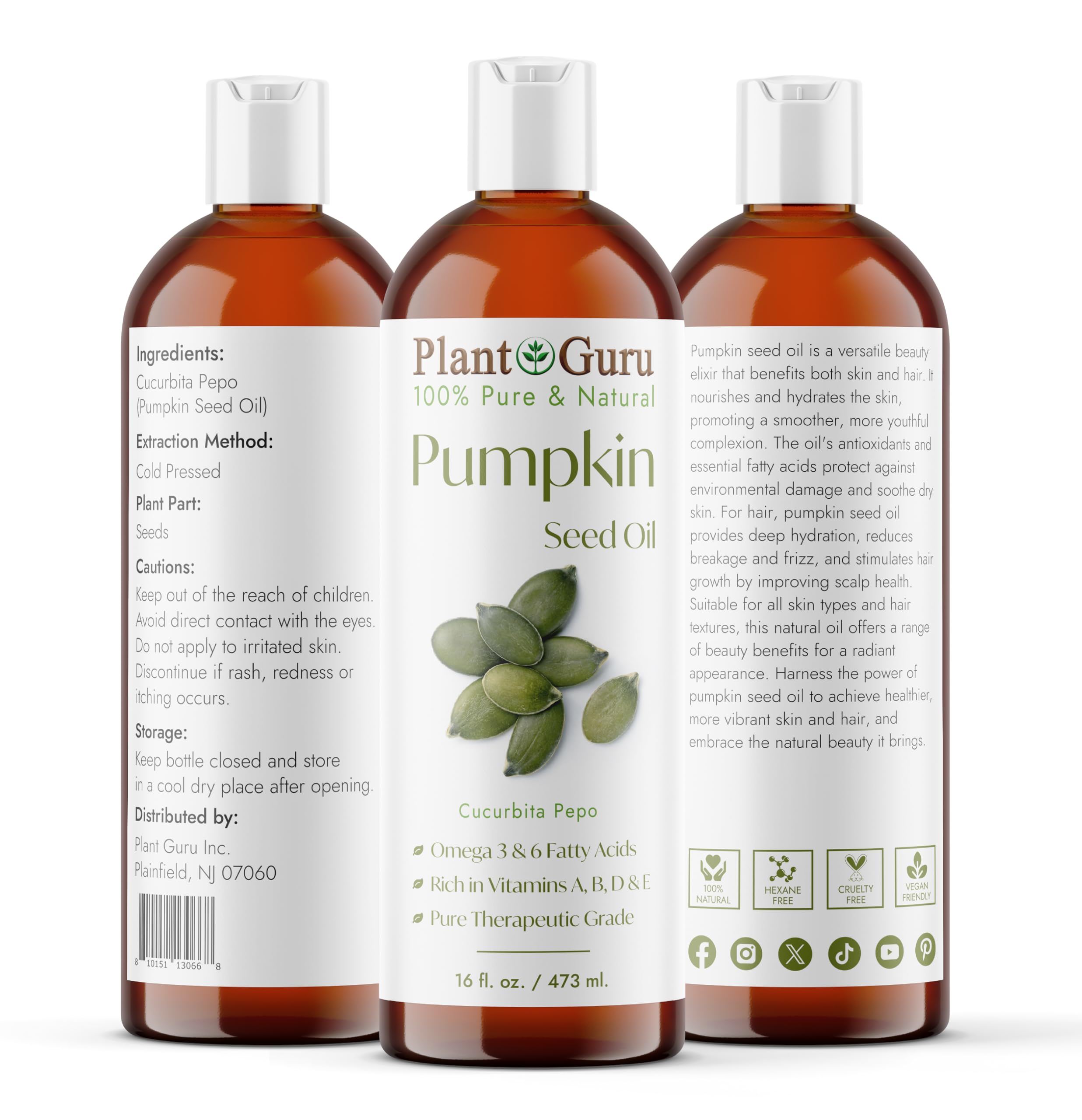Pumpkin Seed Oil 16 oz. Virgin, Unrefined Cold Pressed 100% Pure Natural - Skin, Body And Face. Great for Aromatherapy & More!