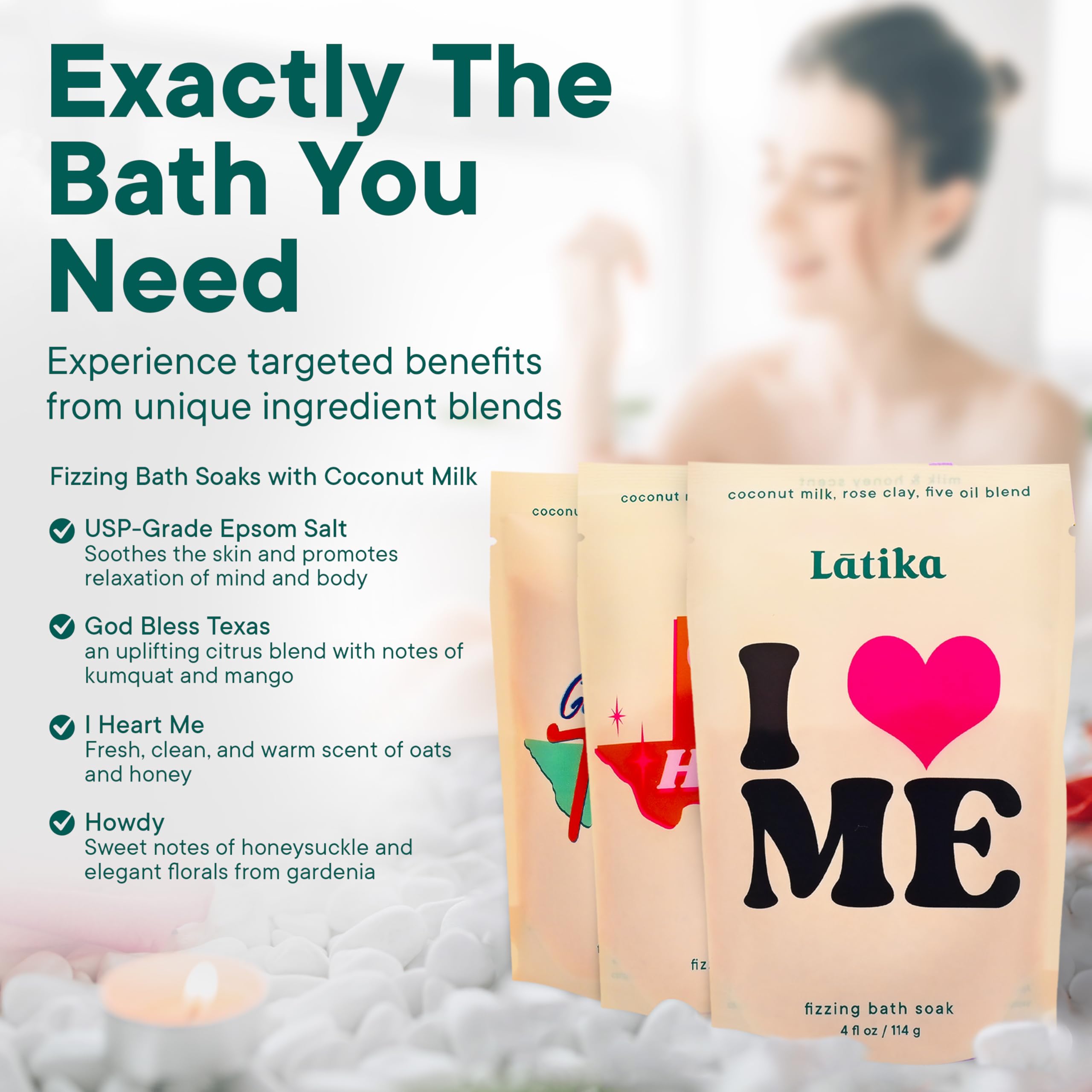 Latika Bath Soaks Set of 3 - Texas, Howdy, I Heart Me - Moisturizing Fizzing Bath Soak for Stress Relief & Muscle Recovery with Essential Oils, Epsom Salt & Natural Scents - Self-Care Spa Gift