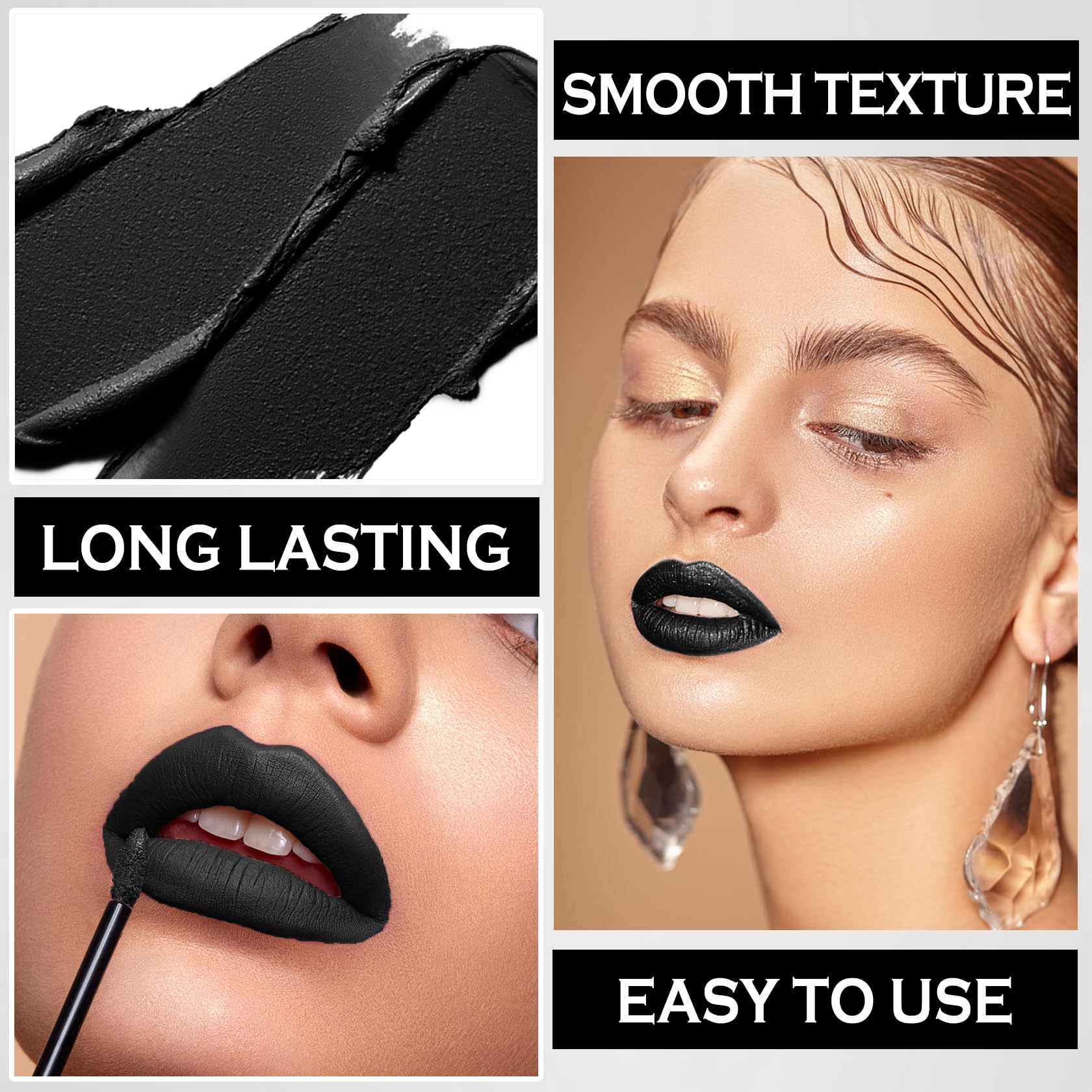 ZHISHUDL Matte Black Lipstick Lip Liner Set Black Liquid Lipstick Lip Tint Stain High Pigmented Black Lip Liner and Lip Gloss Set for Halloween Christmas Cosplay Goth Makeup