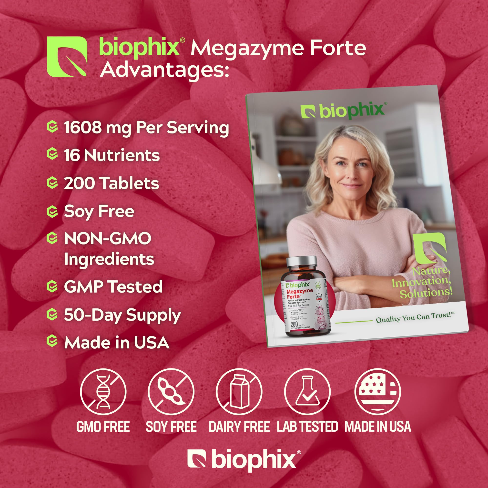 biophix Megazyme Forte 200 Tablets - Natural Plant Proteolytic Enzymes Nattozimes Serrazimes Supports Digestive System Immune Health