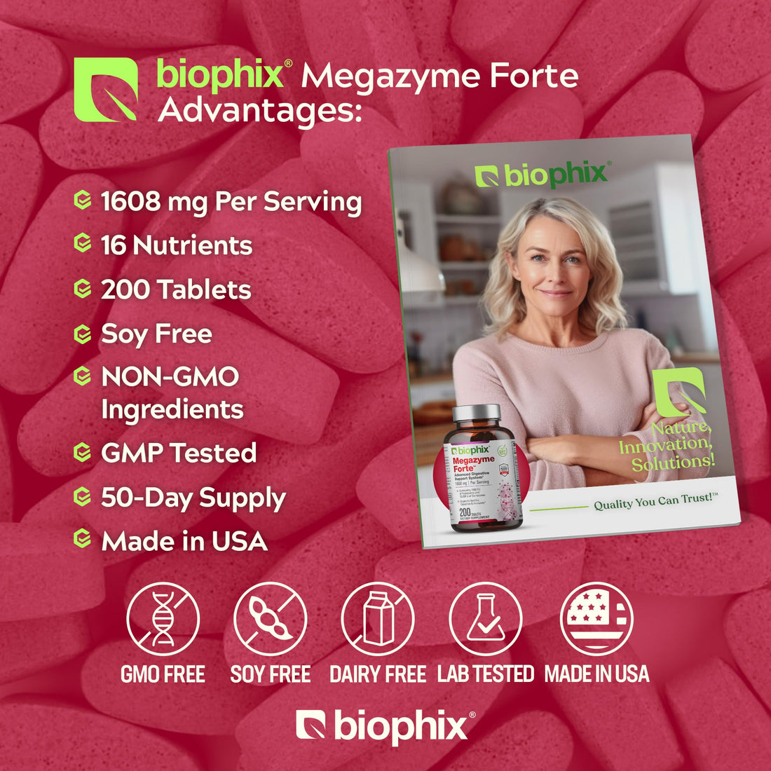 biophix Megazyme Forte 200 Tablets - Natural Plant Proteolytic Enzymes Nattozimes Serrazimes Supports Digestive System Immune Health