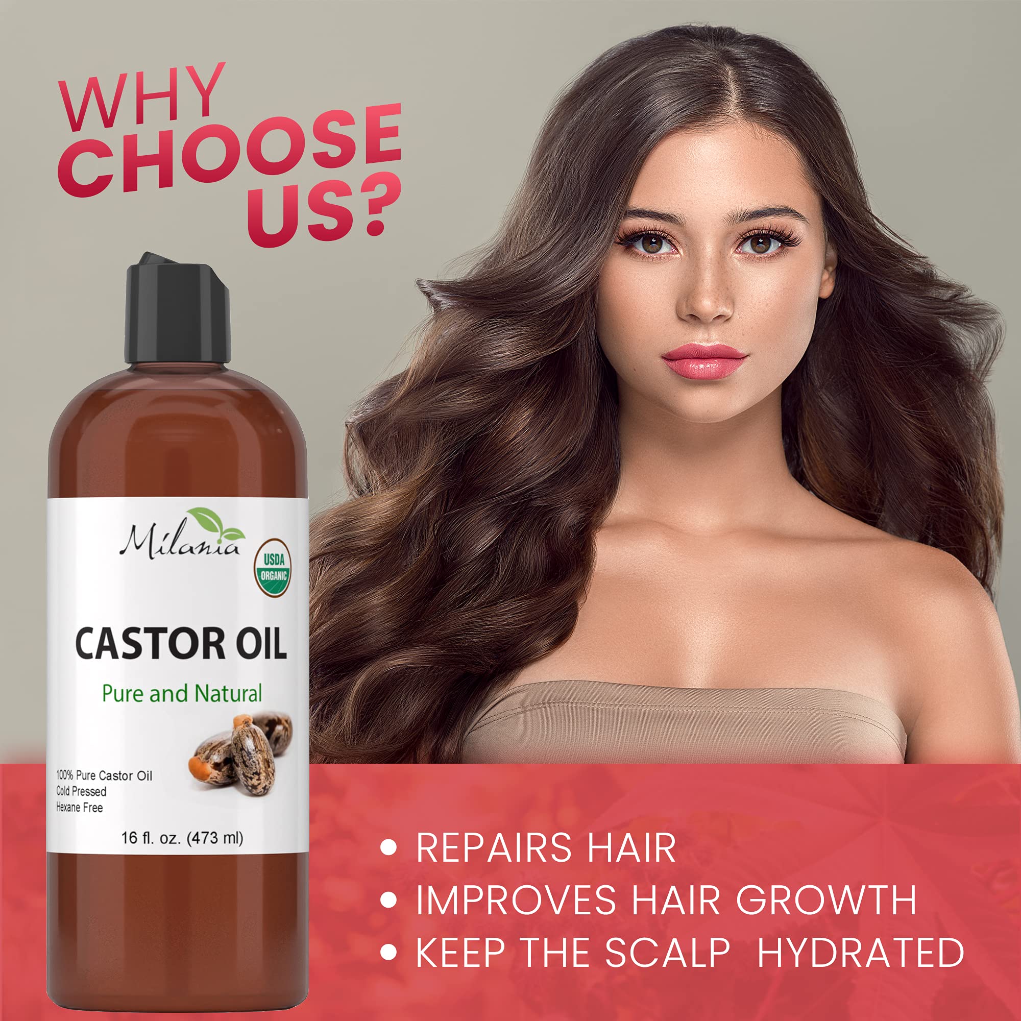 MILANIA Organic Castor Oil-100% Pure Cold-Pressed Beauty & Skincare Serum-Eyelash & Eyebrow Hair Growth Enhancer-Natural Conditioner