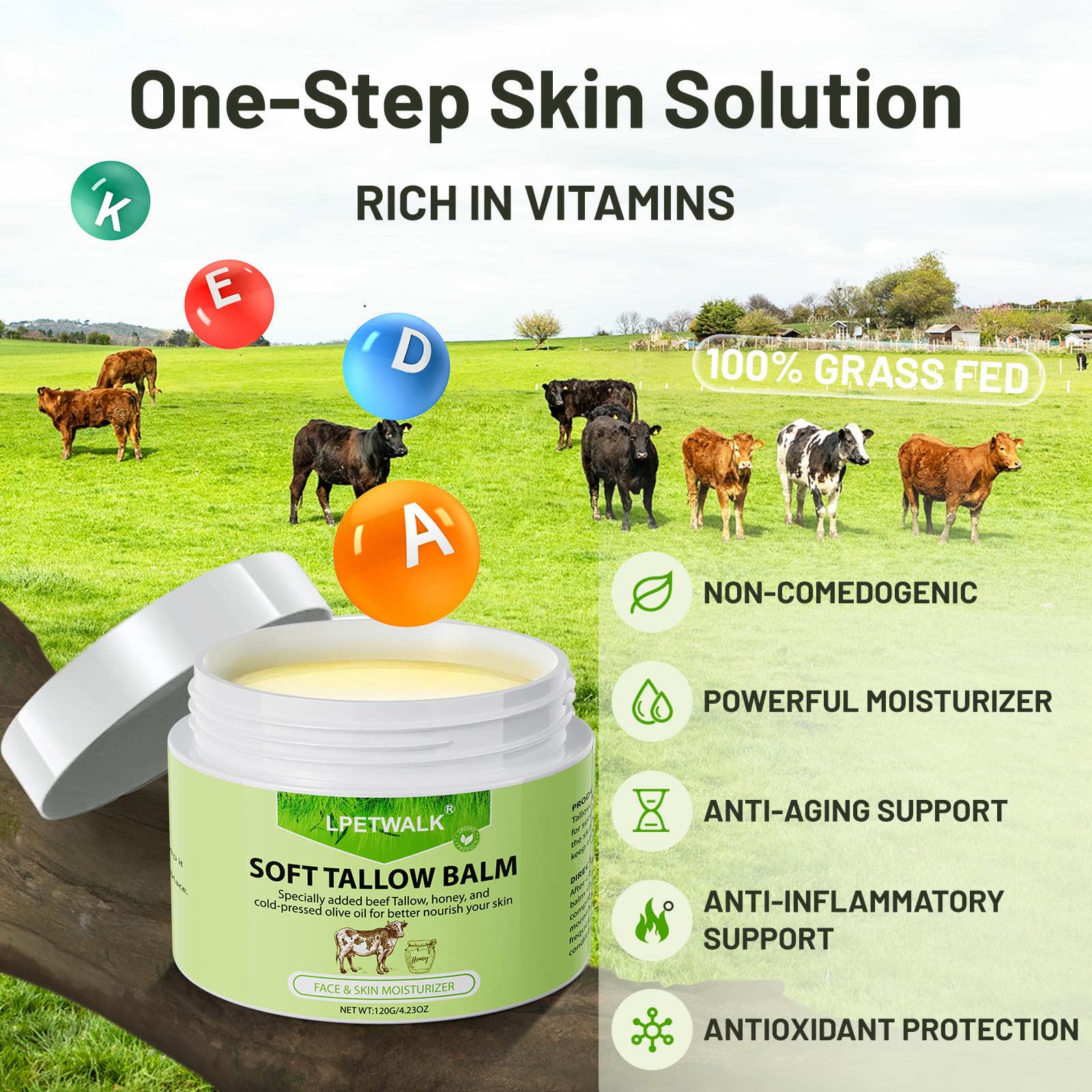 LPETWALK Beef Tallow for Skin - 4.2 oz Whipped Beef Tallow and Honey Balm -Grass-Fed Organic Tallow Face Cream -Natural Tallow Face Moisturizer - Moisturizer Body Skin Care for All Skin