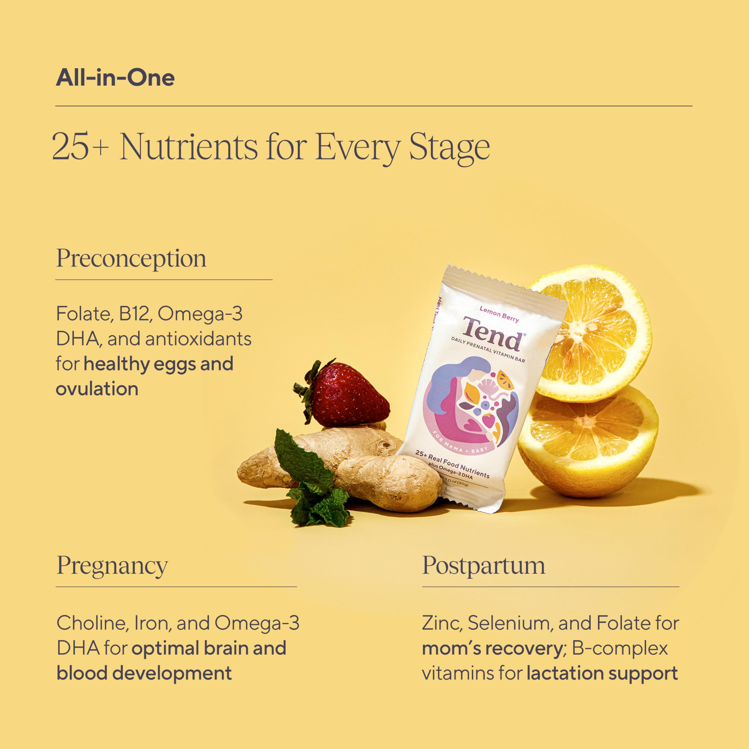Tend Daily Best Prenatal Vitamin Bar, Made with Organic Ingredients for Pregnant & Postpartum Mothers, Includes DHA, Vitamin D, B, Choline, Folate, Sunflower Lecithin, Lemon Berry Flavor (7ct)