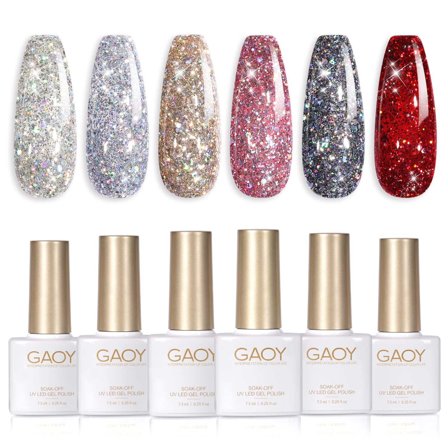 GAOY Glitter Ruby Gel Nail Polish Set of 6 Colors Including Sparkly Shiny Red Black Pink Gel Polish Kit UV LED Soak Off Nail Polish Home DIY Manicure Nail Salon Varnish