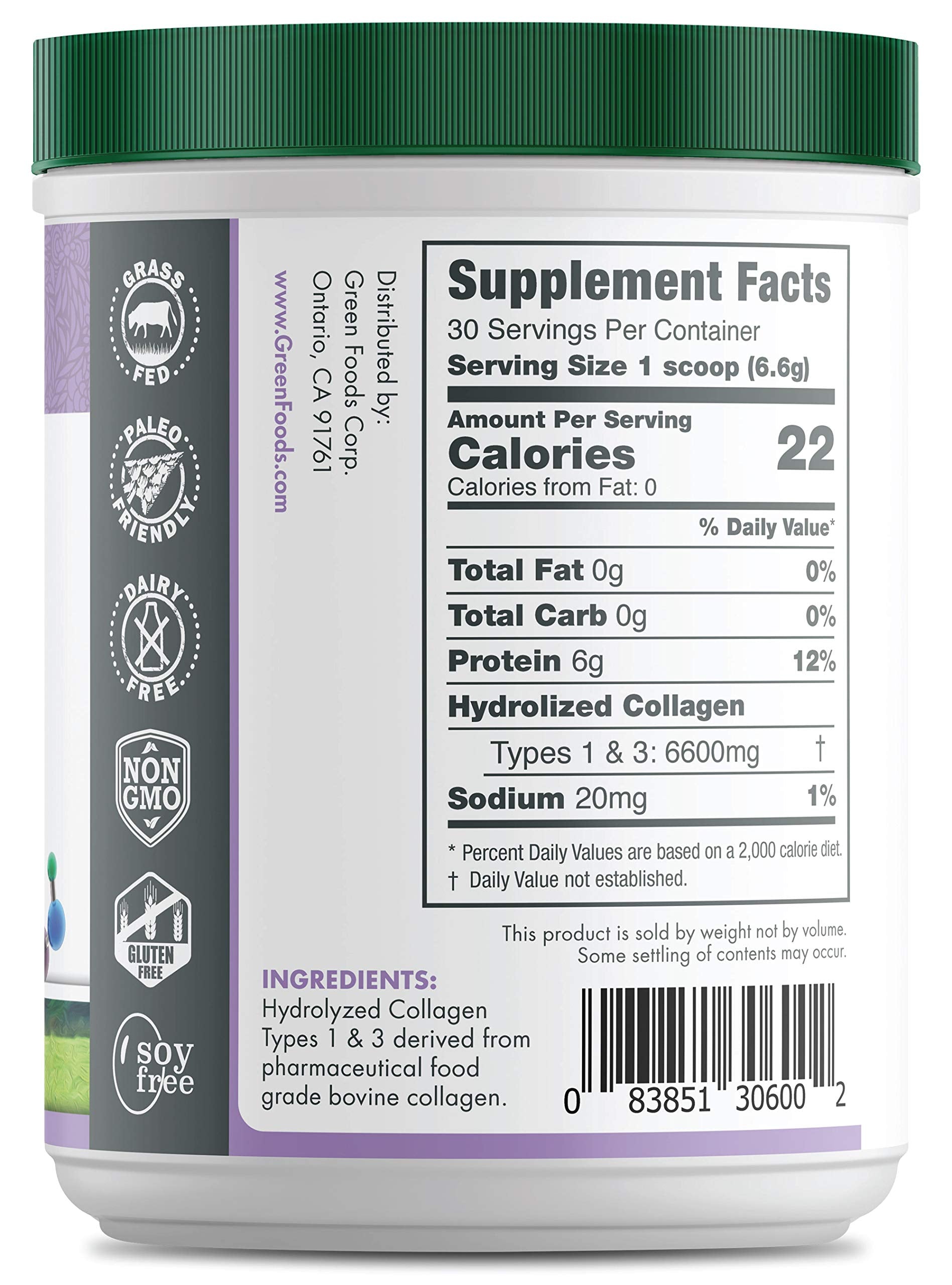 Green Foods Grass Fed Pasture Raised Hydrolyzed Collagen Peptides Protein Powder 7oz - 30 servings