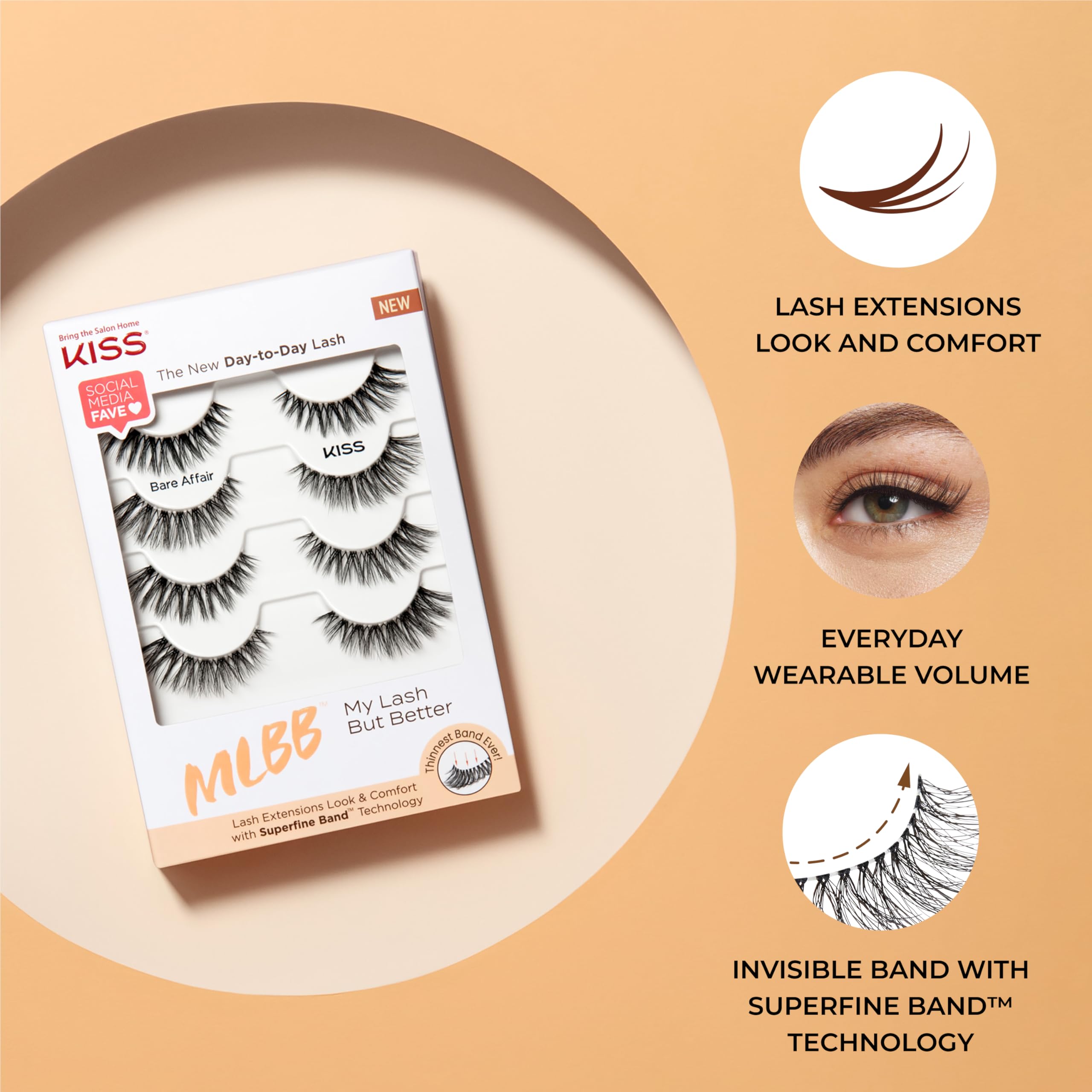 KISS MLBB My Lash But Better Everyday Wearable Volume False Eyelashes with Superfine Band Technology, Easy To Apply, Reusable, Cruelty-Free, Contact Lens Friendly, Style All Mine, 1 Pair