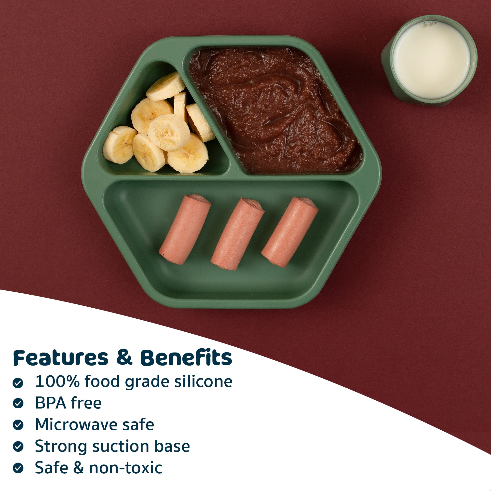 Tiny Twinkle Silicone Suction Baby Plate, Suction Grip Divided Dish for First Foods and Self-Feeding Toddlers, Baby Led Weaning Supplies for Independent Eating (Olive Plate)