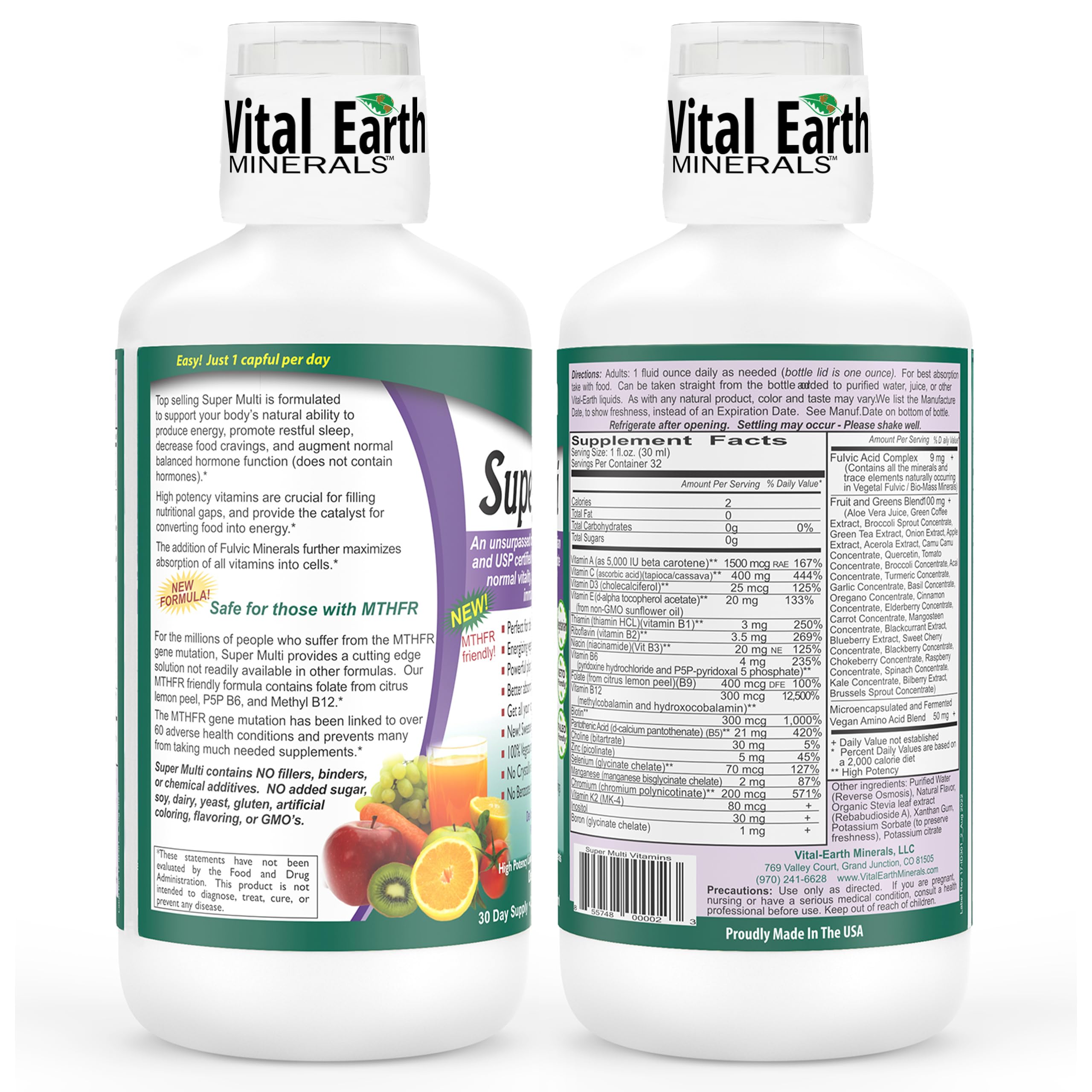 Vital Earth Minerals Super Multi – Liquid Multivitamins for Women, Men & Kids, Liquid Vitamins with Fulvic Acid for Better Absorption, MTHFR Support, 32 Oz + 1 Oz Cup