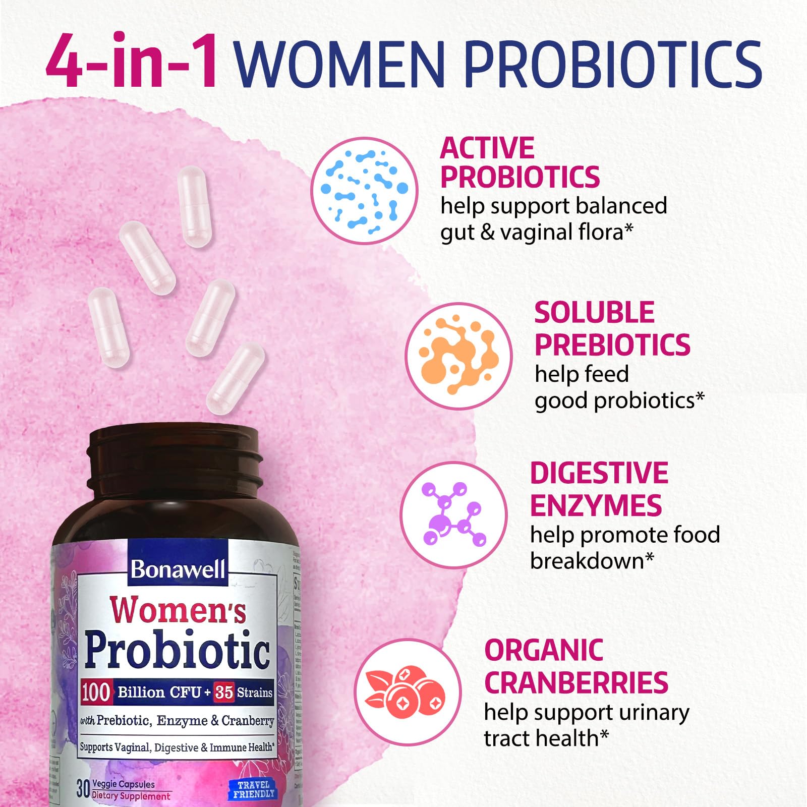 Bonawell Probiotics for Women 100B, with Prebiotics, Digestive Enzymes & Organic Cranberry for Female Vaginal Health, Digestion & Immunity, Shelf-Stable, Delayed-Release, 30 Veggie Caps