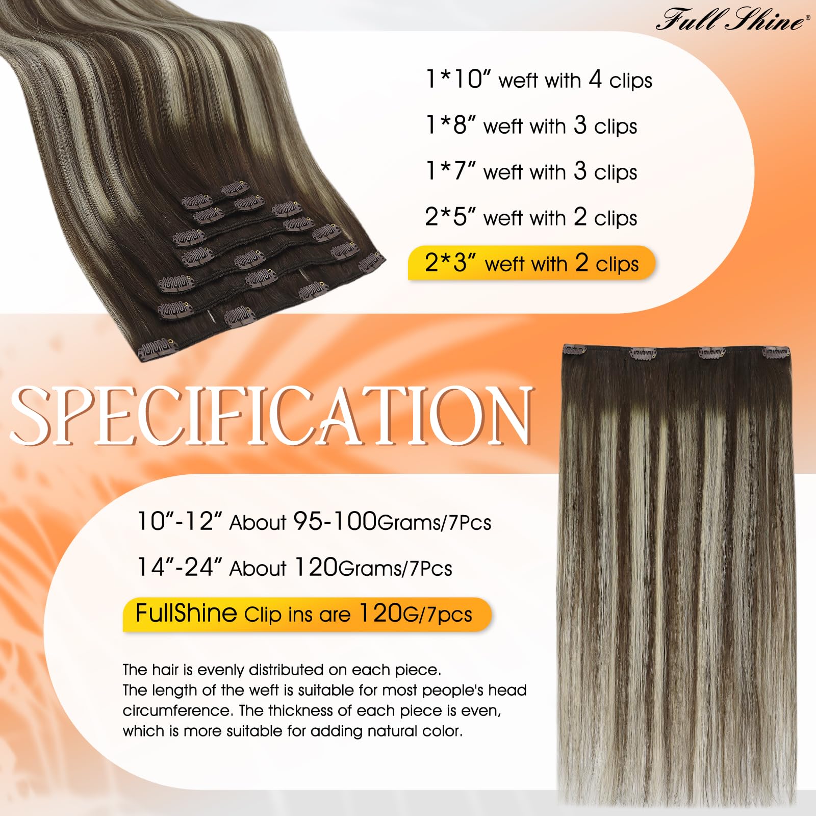 16 , #2#8 : Full Shine 16 100gram 10 Pcs Balayage Clip in Human Hair Extensions Best Rated Clip in Hair Extensions Color #2 Fading to Color #8 Full Head Clip in Hair Extensions