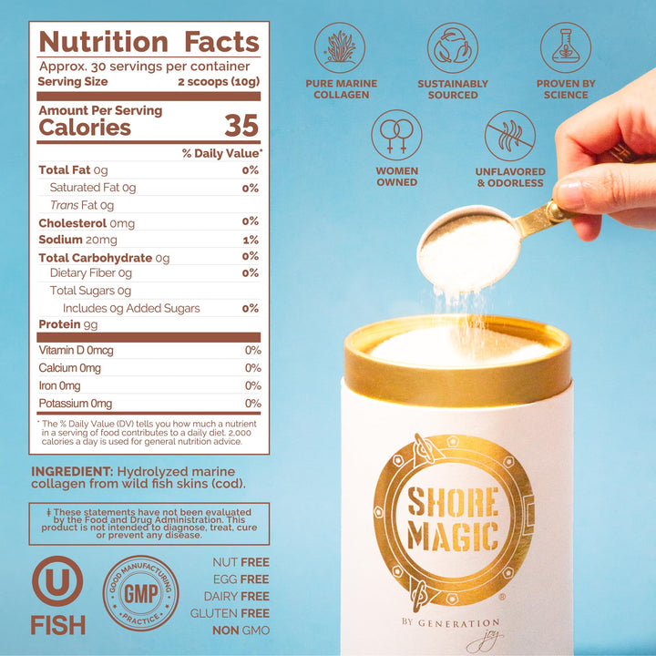 Shore Magic Premium Marine Collagen Powder with Type I II III and IV Hydrolyzed Peptides for Women and Men Sourced from Wild Fish, Certified Halal and Kosher Unflavored - 30 Day Supply, 300g Canister