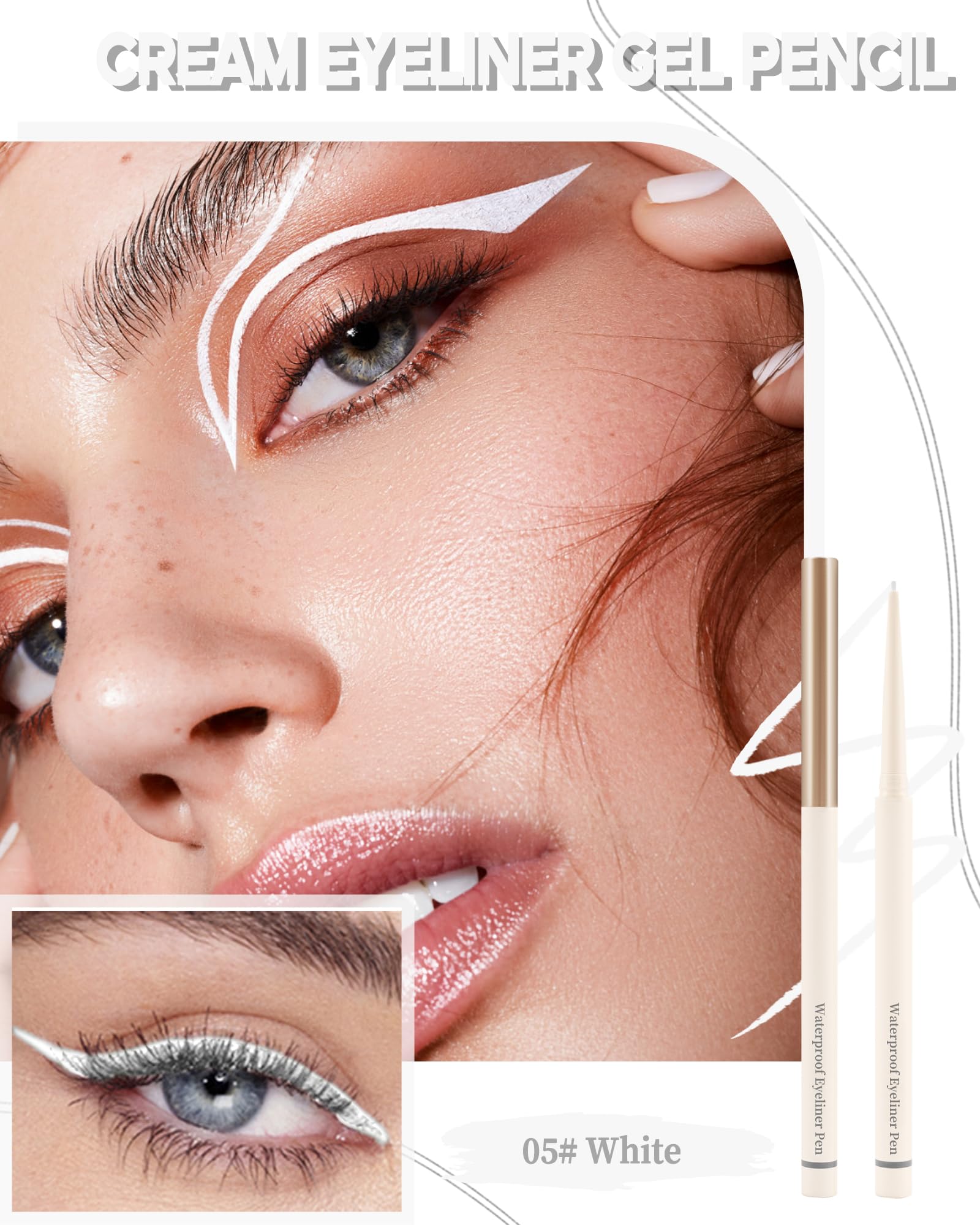 White Eyeliner for Waterline, Matte Gel Eyeliner Pencil Waterproof Smudge Proof, Ultra-Fine Tip, Cream Smooth Colored Eye Liner, Quick-Drying Long-Lasting, High Pigmented Eye Brightener Pen Makeup-05