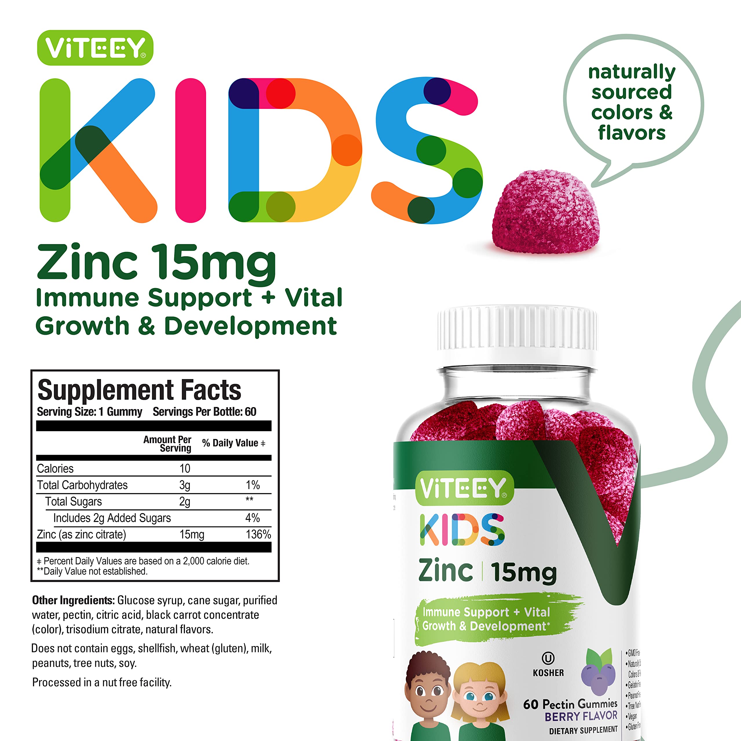 Zinc for Kids Gummies, 15mg - Immune Support for Kids & Teens - Powerful Natural Antioxidant, Kids Zinc Vitamin Supplement - Vegan, Gelatin Free, Gluten Free - Tasty Chewable Berry Flavor Gummy