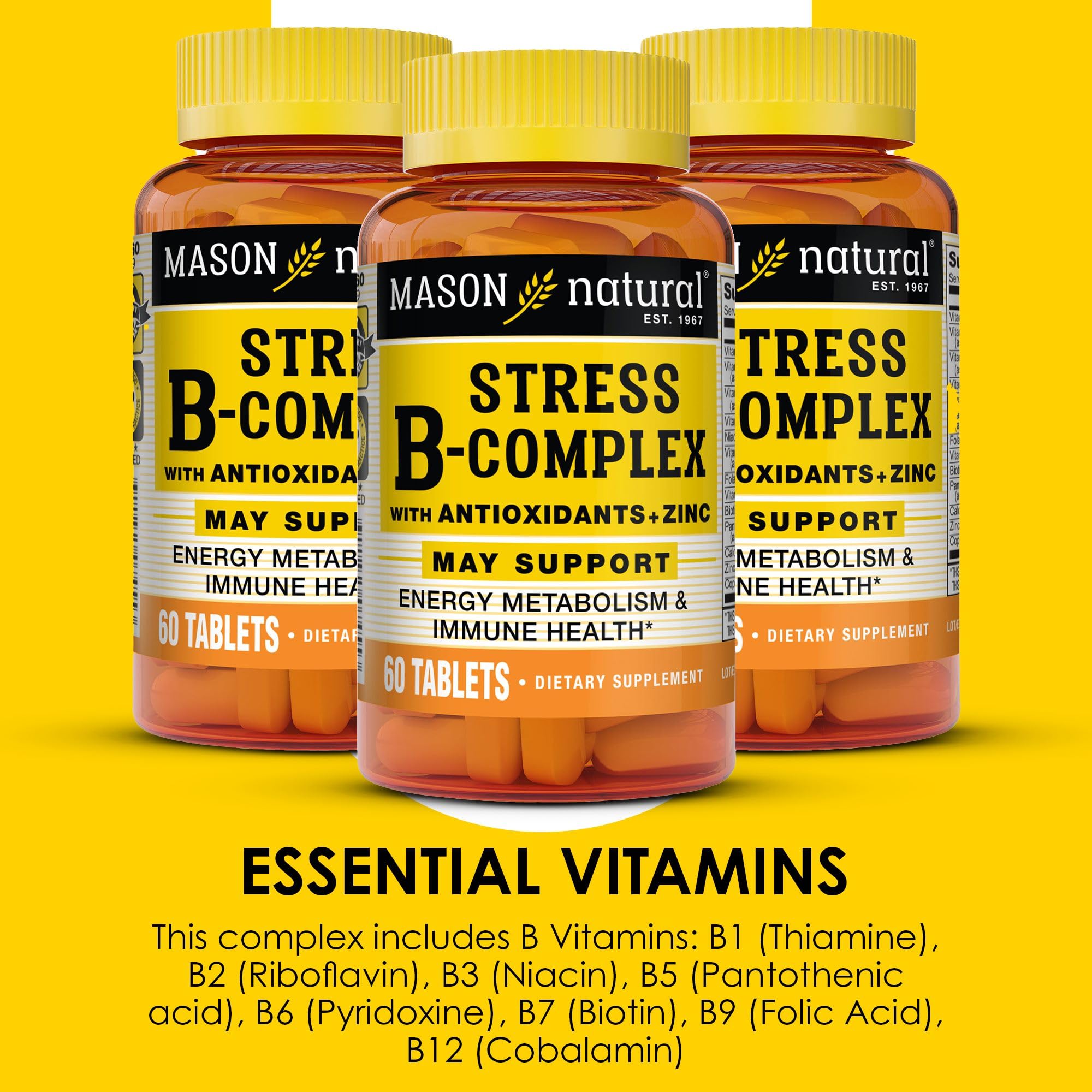 MASON NATURAL Stress B-Complex with Antioxidants + Zinc, 6 Month Supply, Dual Action Formula, Supports Energy Metabolism & Immune Health, 3 Pack