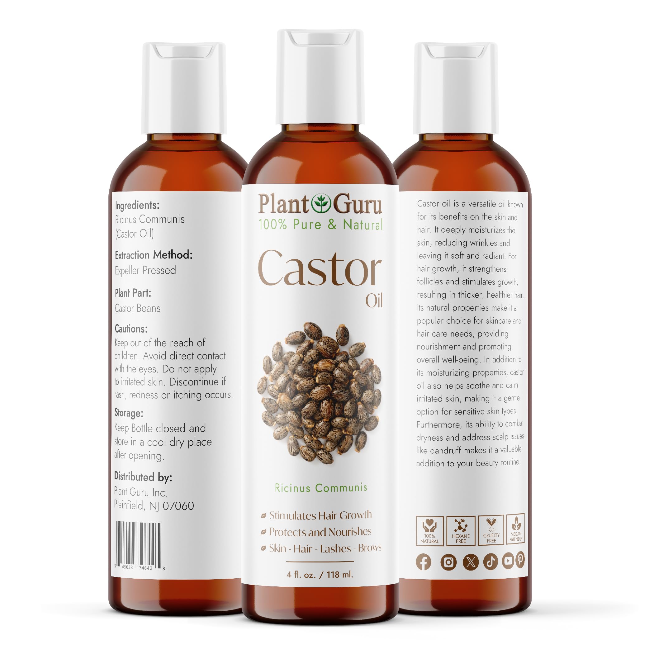 Castor Oil 4 fl. oz. Unrefined, 100% Pure Natural Hexane-Free, USP Grade, Hair Growth, Eyebrows and Eyelashes. Skin, Face and Body Moisturizer.