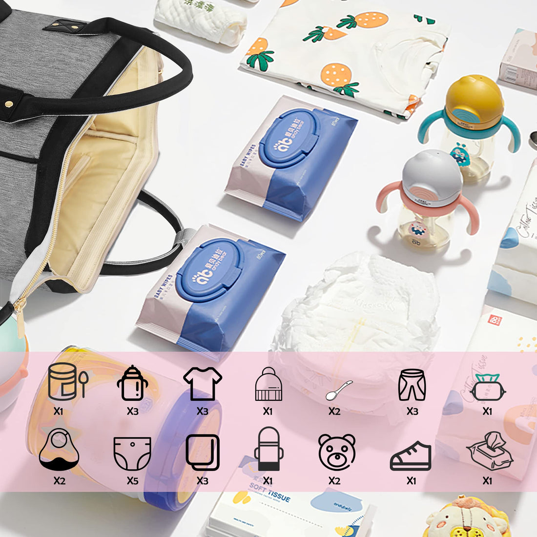 Femuar Diaper Bag Backpack Multifunction Maternity Nappy Baby Bag for Girls & Boys Large Capacity Travel Diaper Bags Black Gray